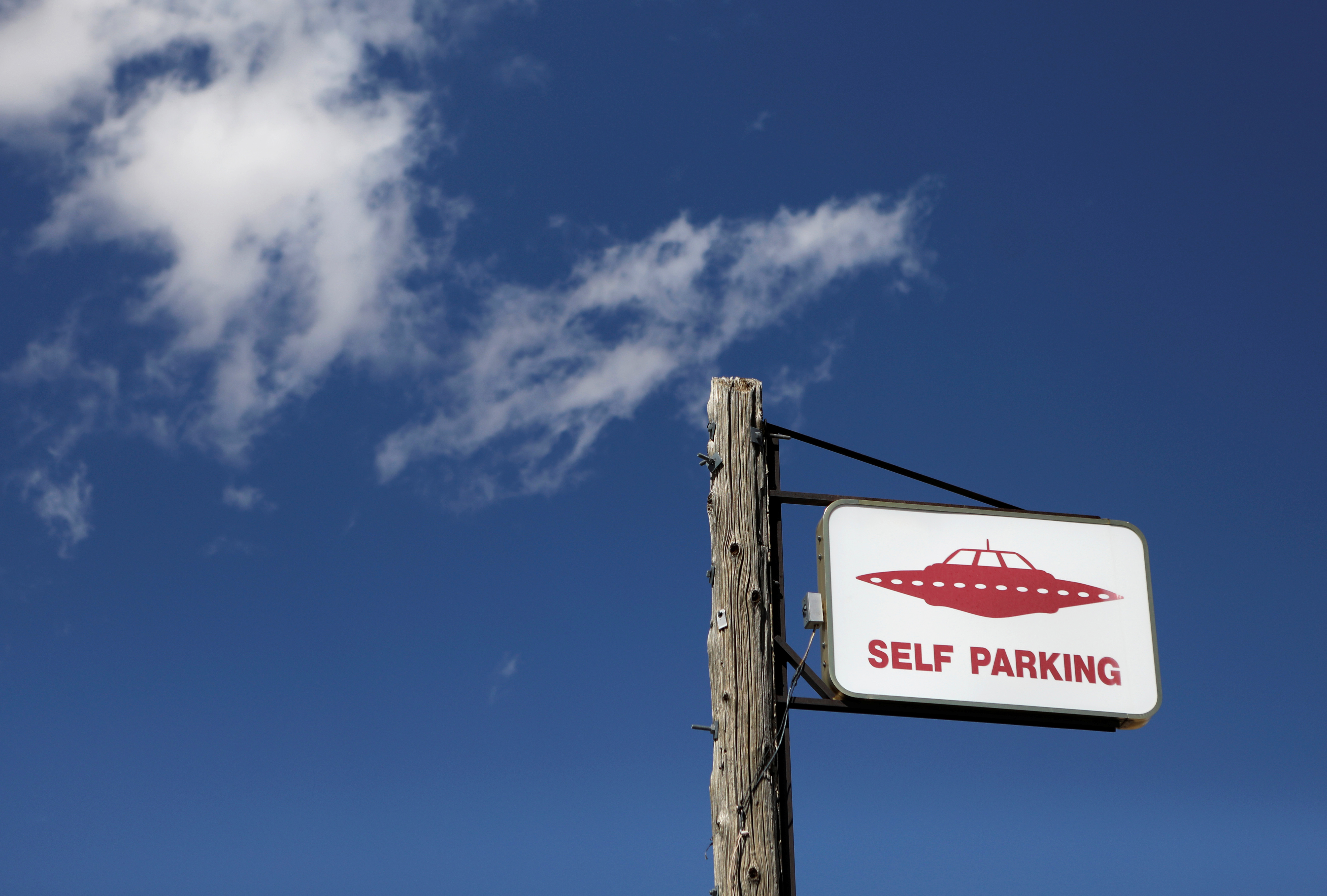 A parking sign at the Little A'Le'Inn as an influx of tourists responding to a call to 'storm' Area 51, a secretive U.S. military base believed by UFO enthusiasts to hold government secrets about extra-terrestrials, is expected in Rachel, Nevada