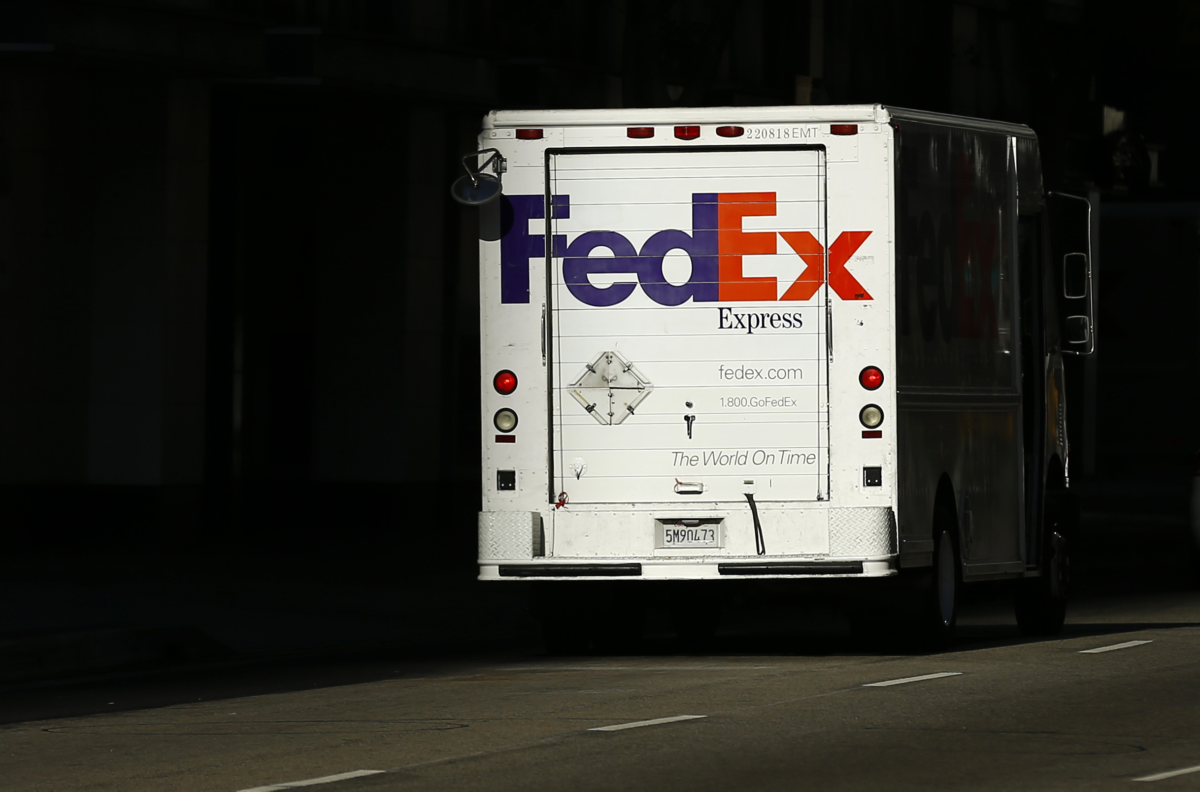 A Federal Express truck on delivery is pictured in downtown Los Angeles