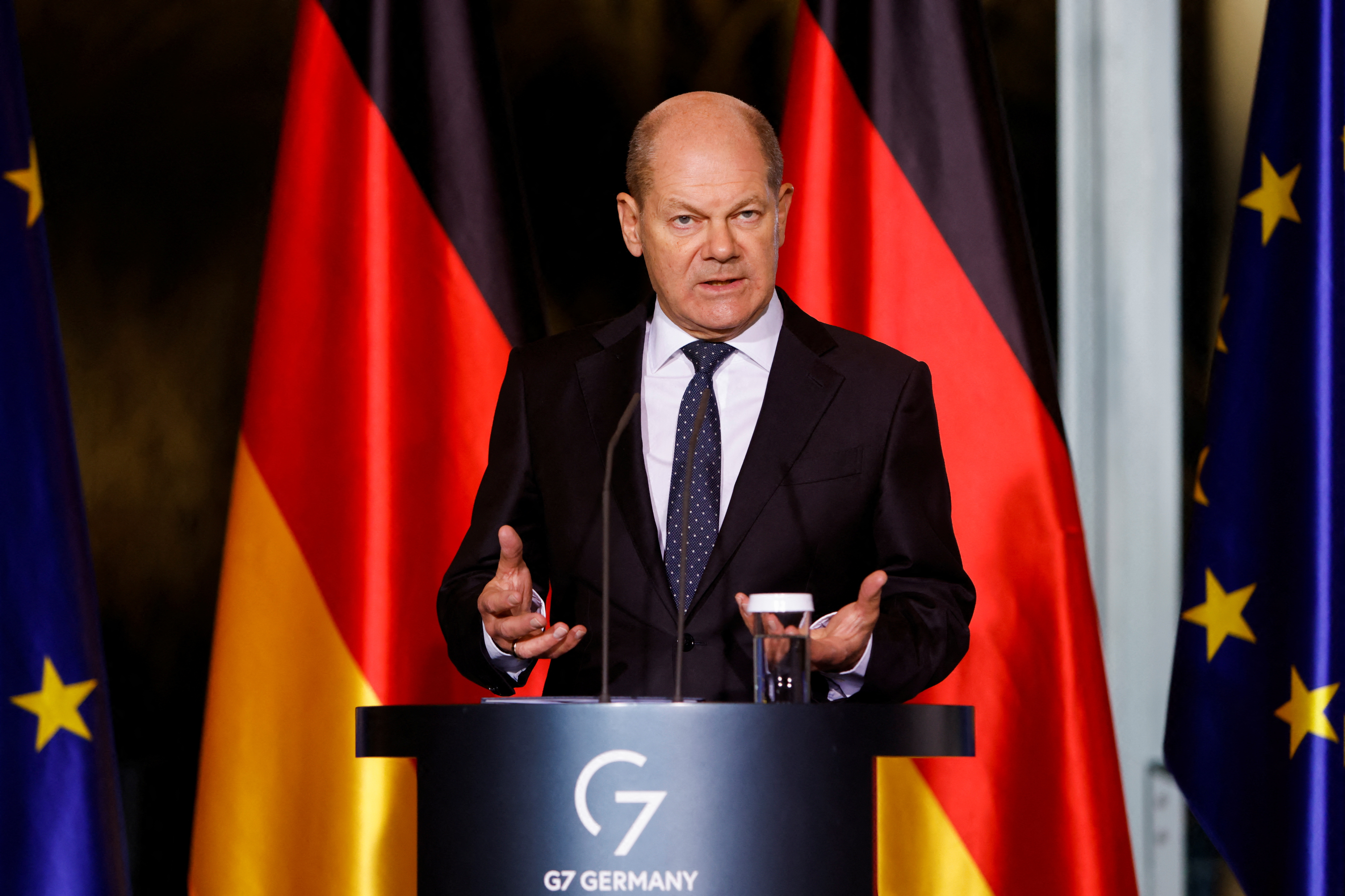 German Chancellor Scholz holds a news conference following a virtual meeting with G7 leaders in Berlin