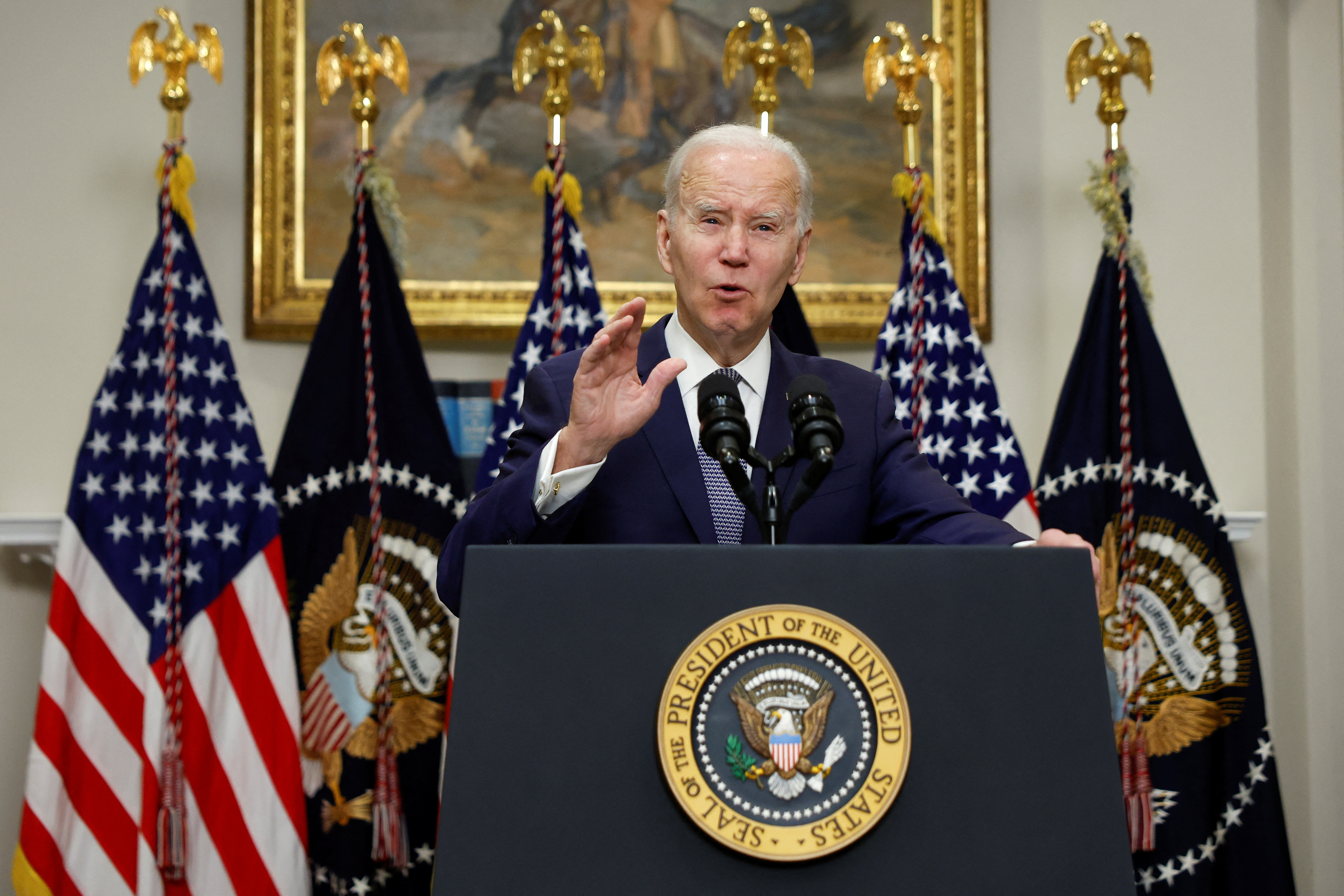 U.S. President Joe Biden delivers remarks on the banking crisis after the collapse of Silicon Valley Bank (SVB) and Signature Bank, in the Roosevelt Room at the White House in Washington, D.C., U.S. March 13, 2023.