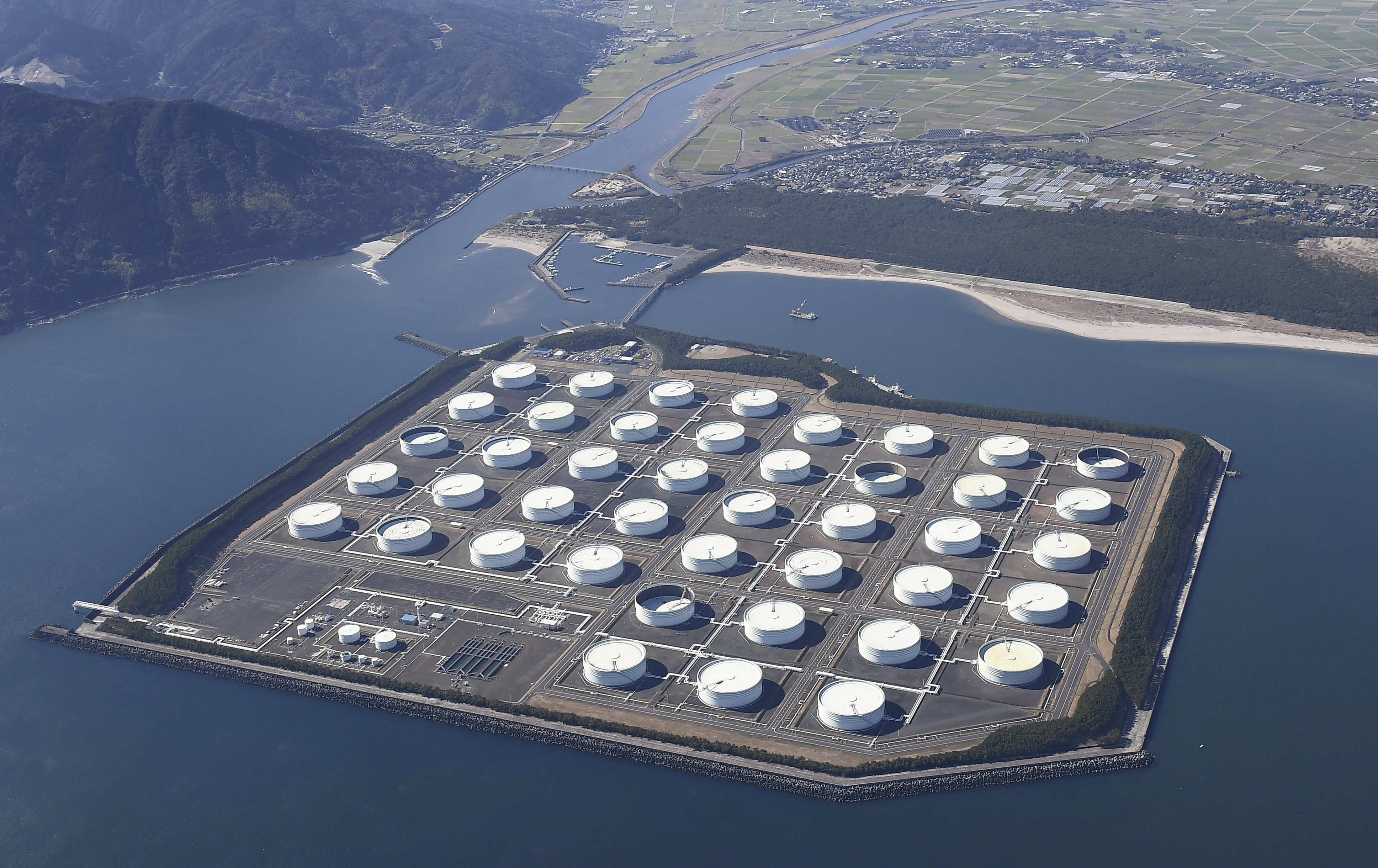 An aerial view shows Shibushi National Petroleum Stockpiling Base in Kagoshima prefecture, Japan
