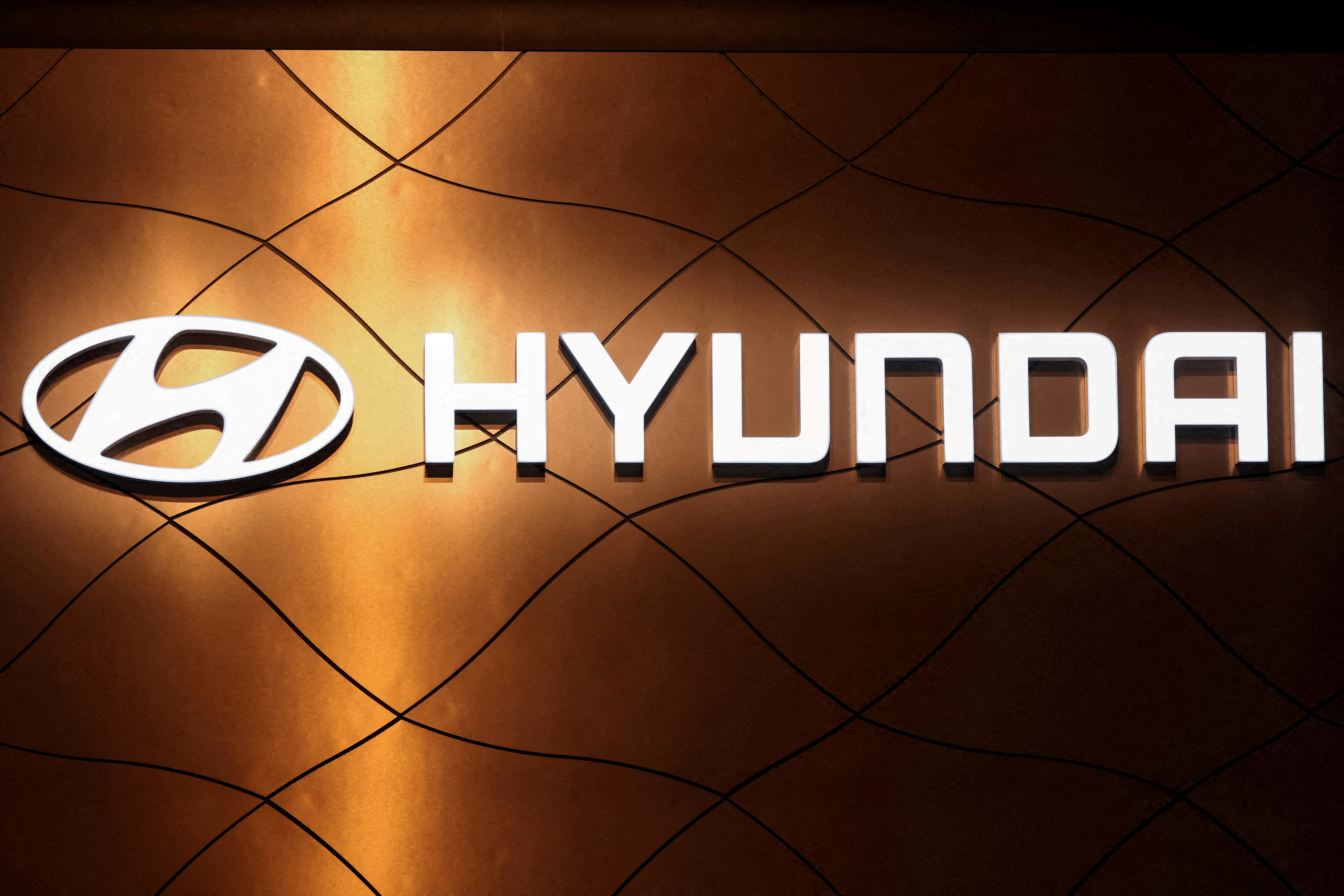 The logo of Hyundai Motor Company is pictured at the New York International Auto Show, in Manhattan