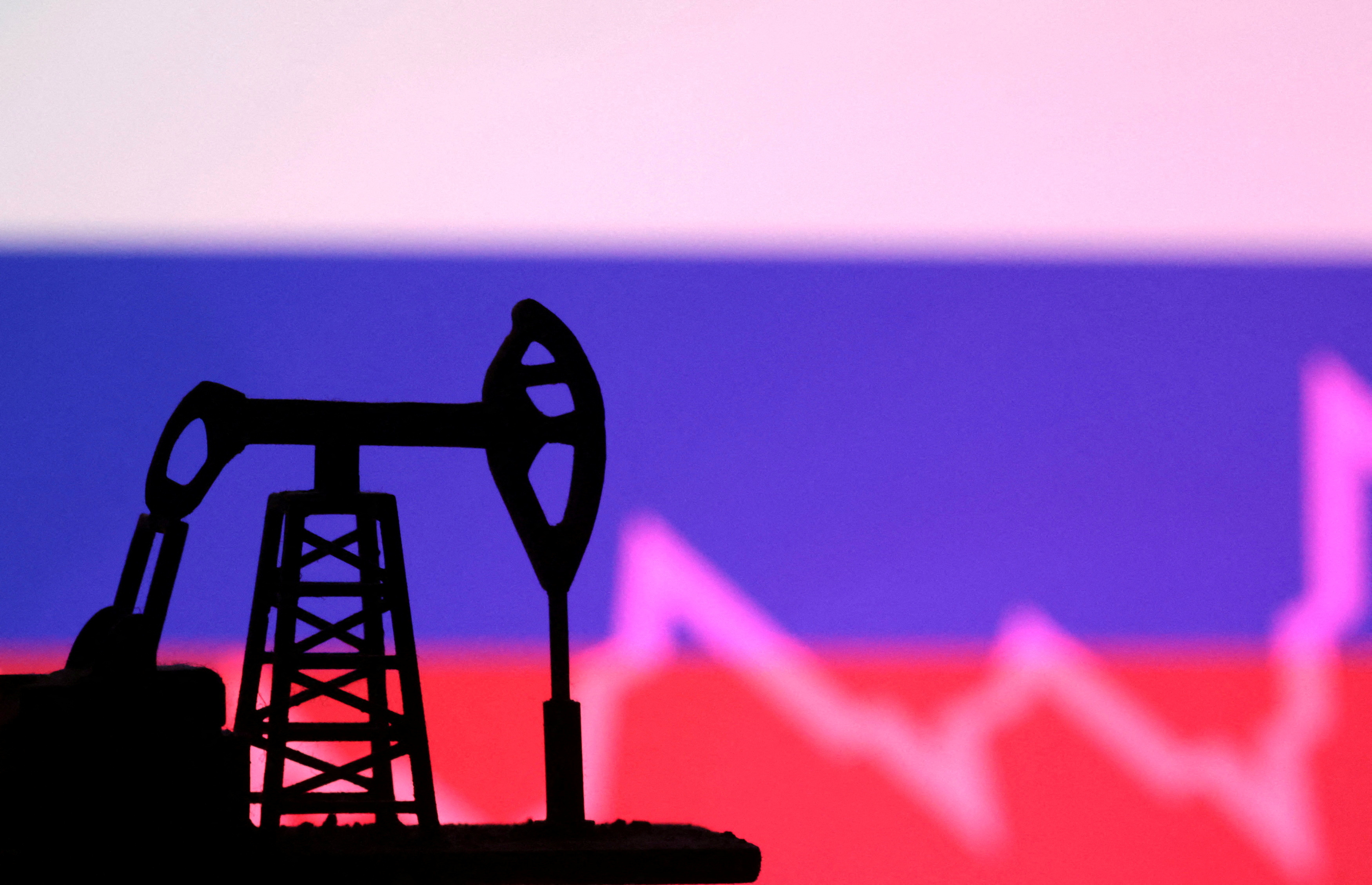 Illustration shows Russian flag, oil pump jack and stock graph