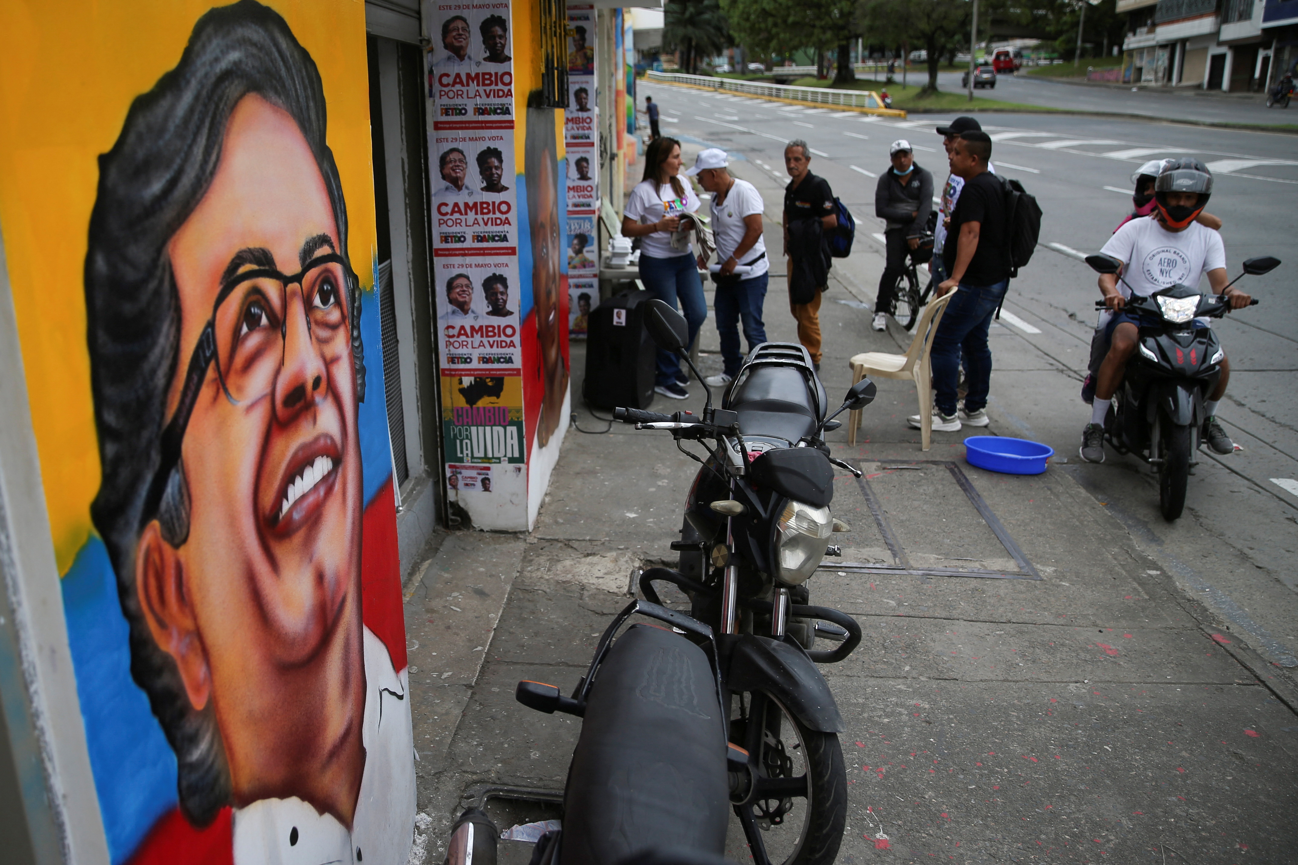 A wall with an image of Colombian left-wing presidential candidate Gustavo Petro is pictured one day before the first round of elections in Cali