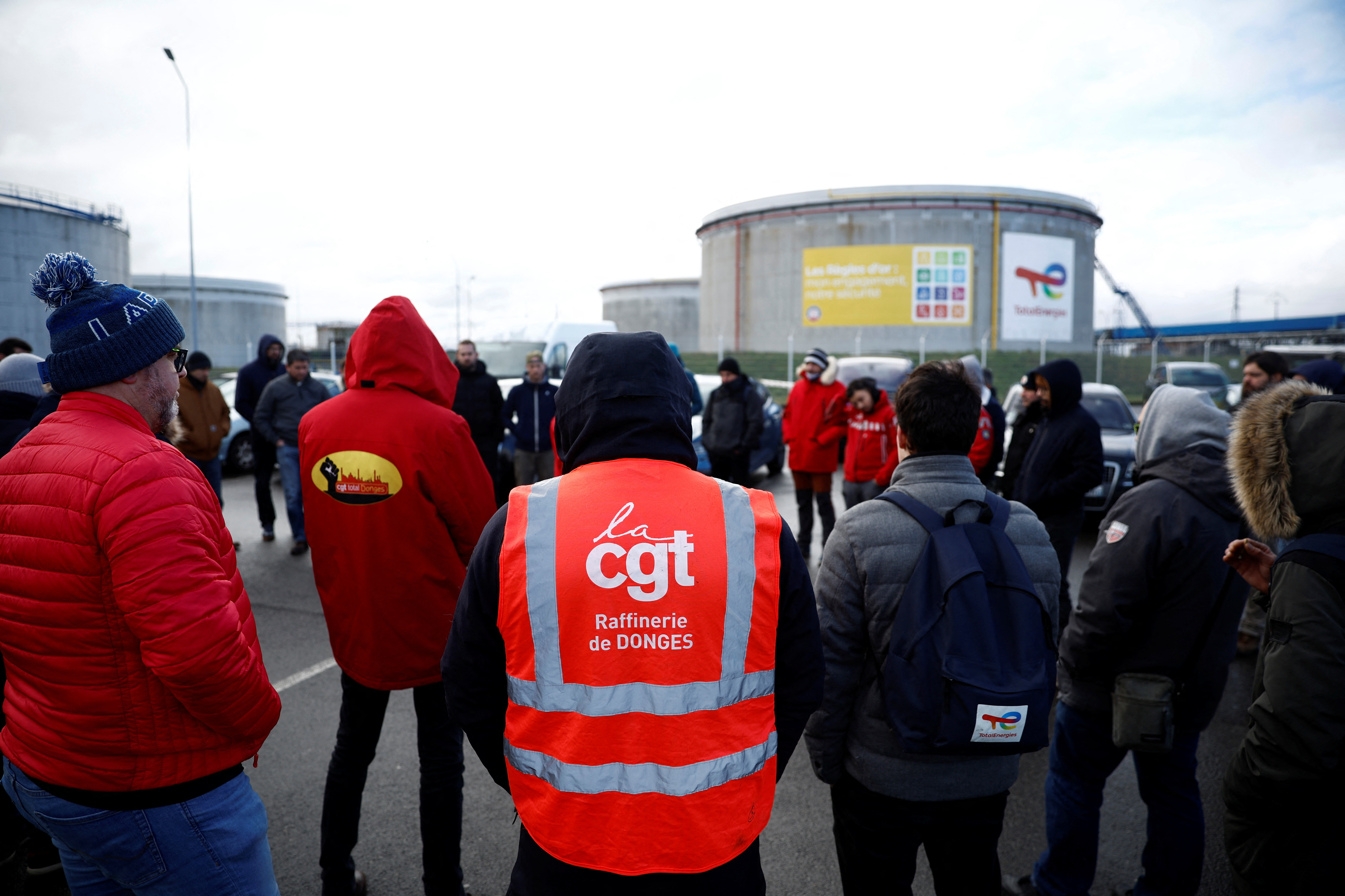 French energy workers gather in front of the French oil giant TotalEnergies refinery in Donges