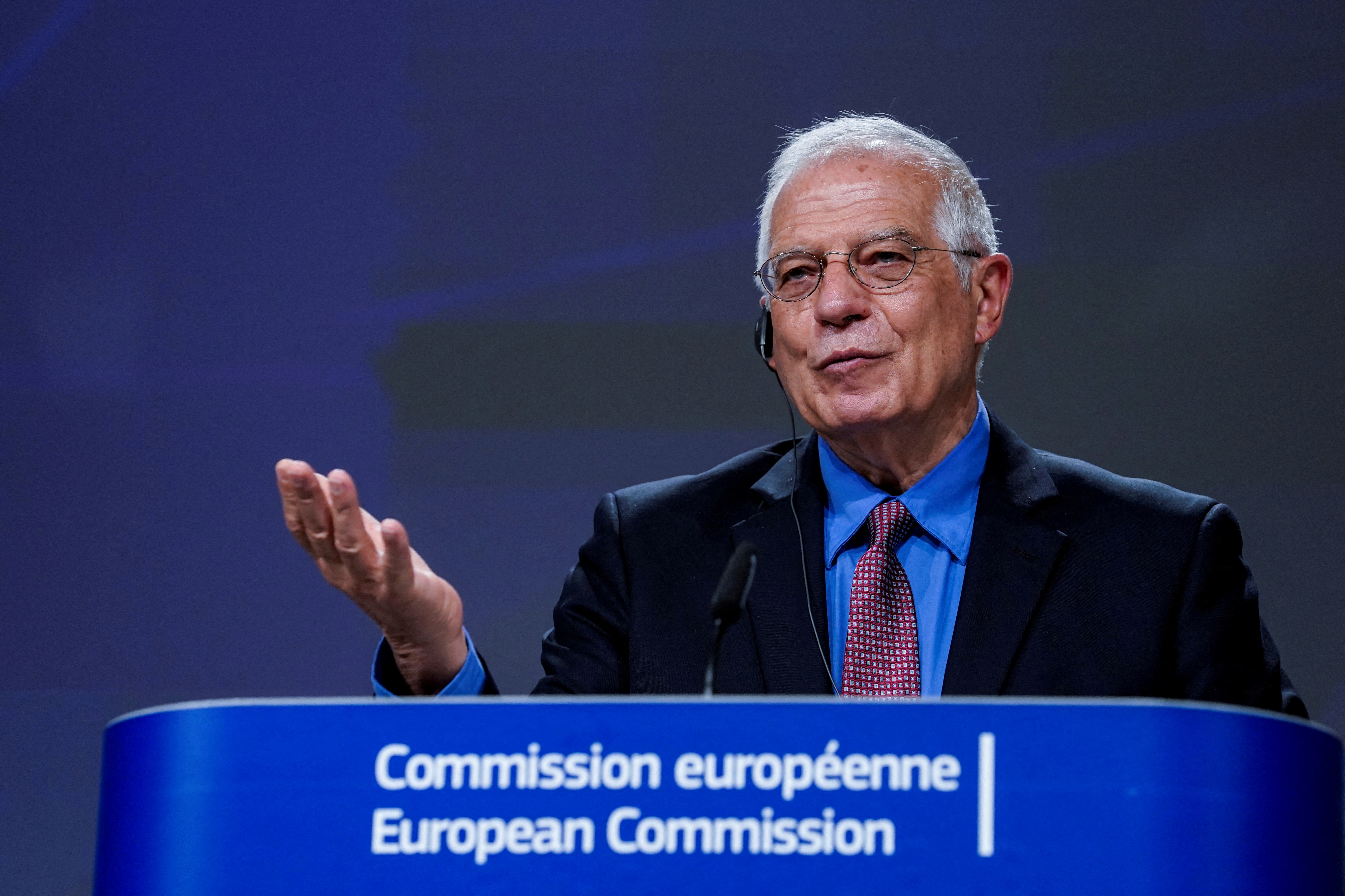 European High Representative of the Union for Foreign Affairs, Josep Borrell gestures as he speaks during a video press conference on the 10th EU-China Strategic Dialogue, at the European Commission in Brussels