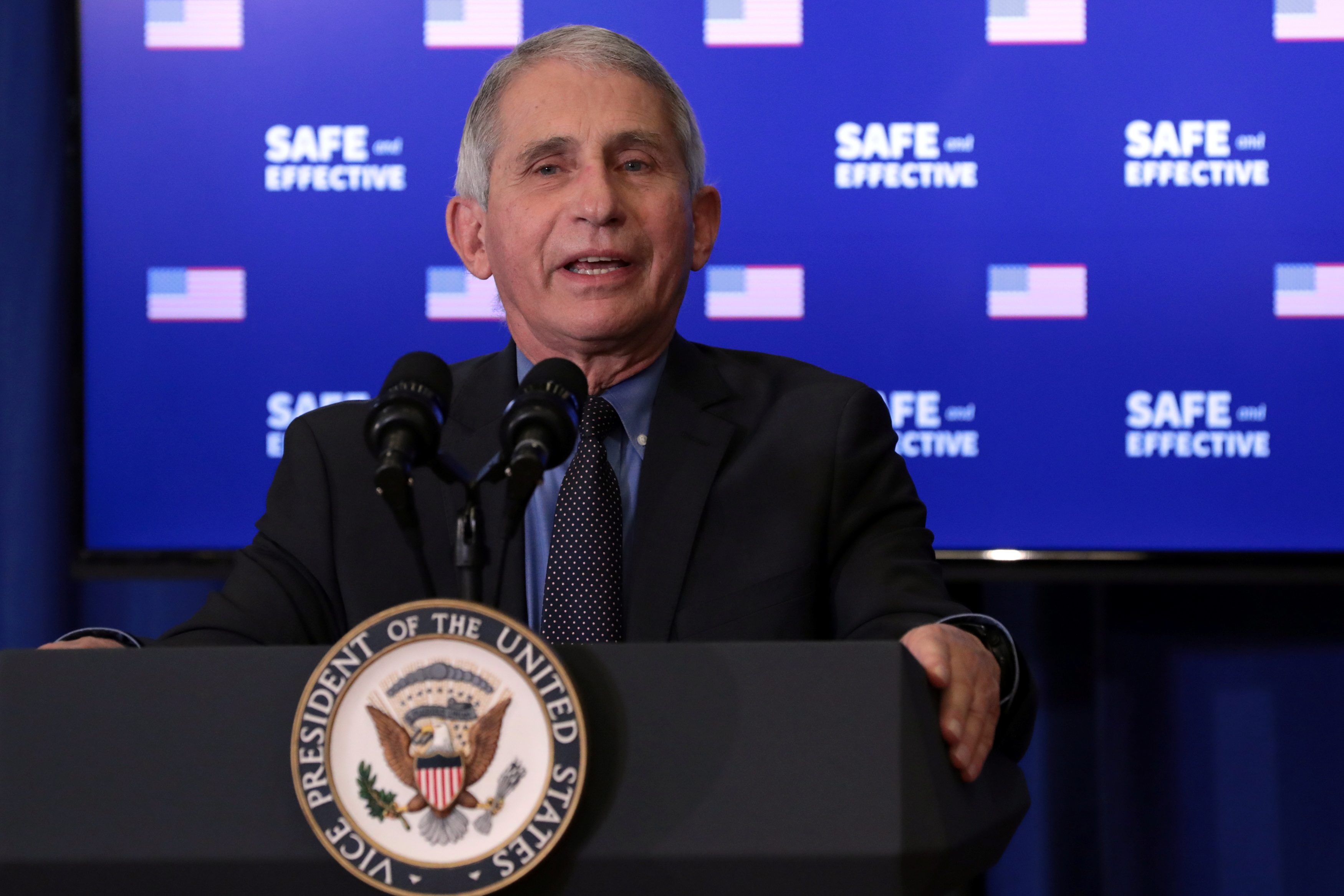 Dr. Anthony Fauci, director of the National Institute of Allergy and Infectious Diseases, speaks at an event where U.S. Vice President Mike Pence received the coronavirus disease (COVID-19) vaccine at the White House in Washington, U.S., December 18, 2020. REUTERS/Cheriss May