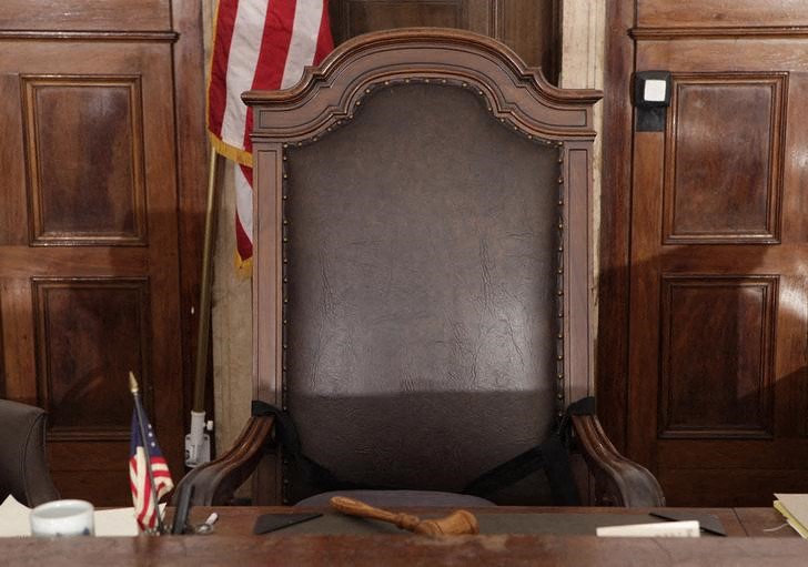 A view of the judge's chair in court room 422 of the New York Supreme Court