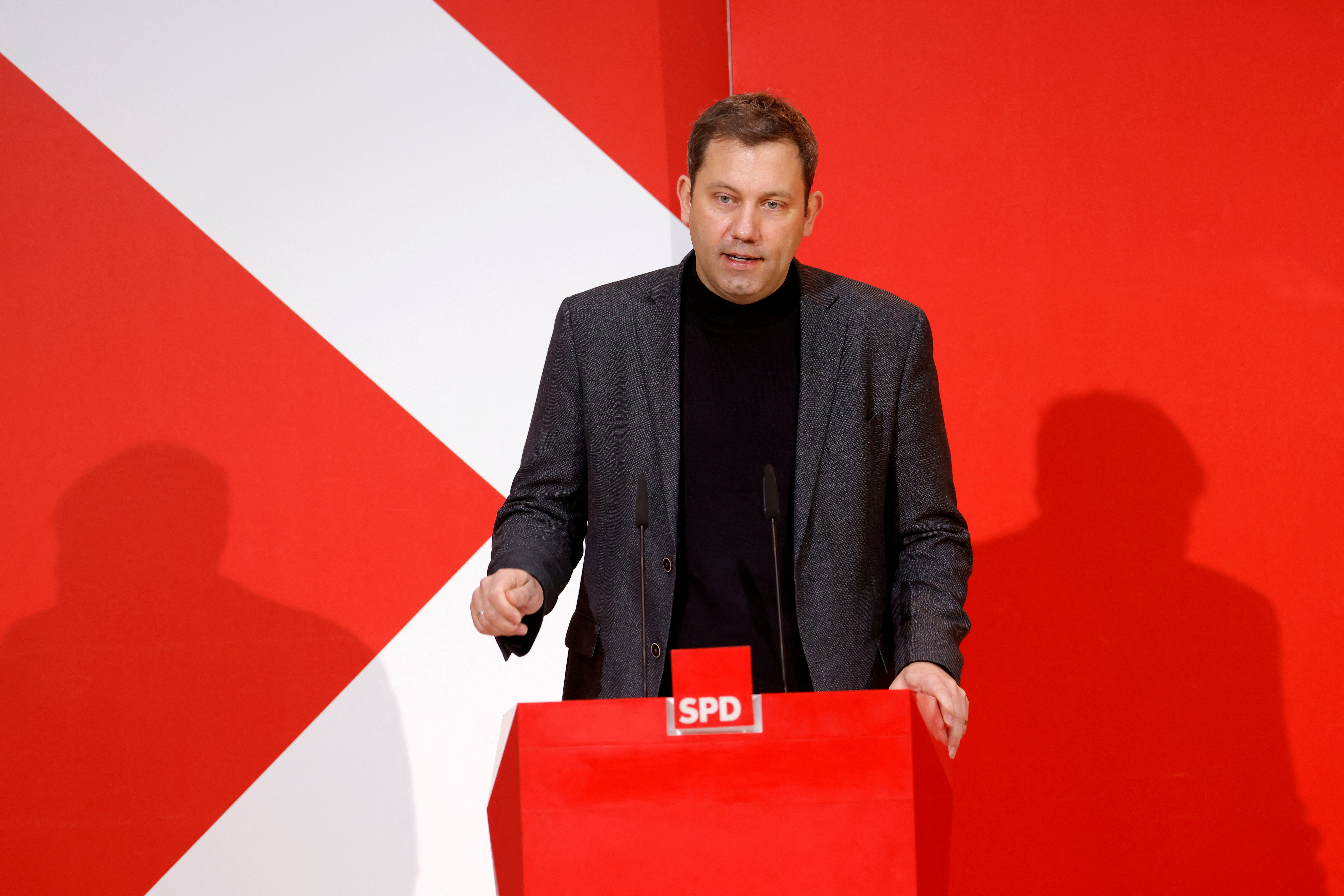 The co-leader of Germany's Social Democratic (SPD) party, Lars Klingbeil, addresses the media in Berlin
