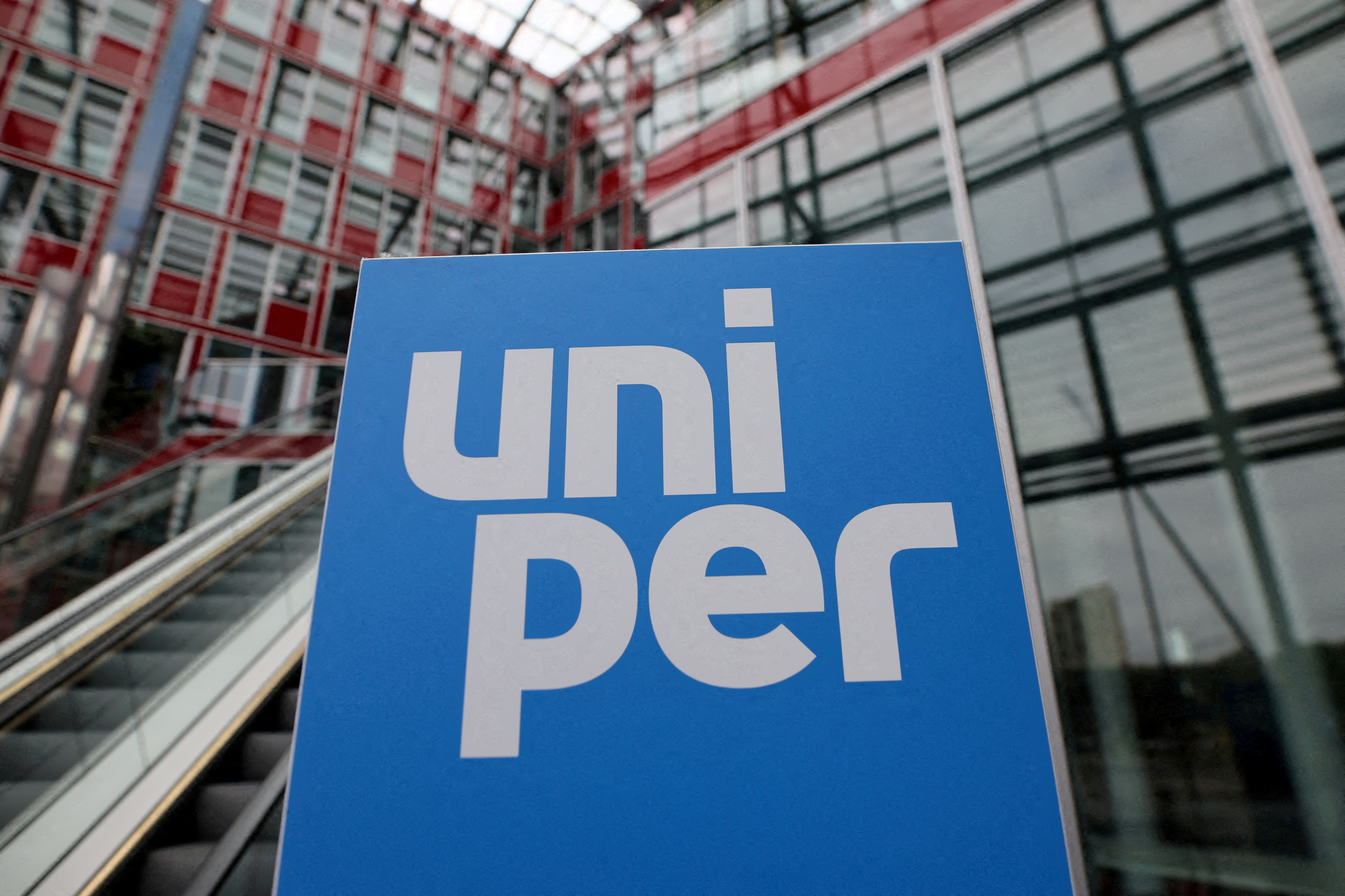 The Uniper logo is seen in front of the utility's firm headquarters in Duesseldorf