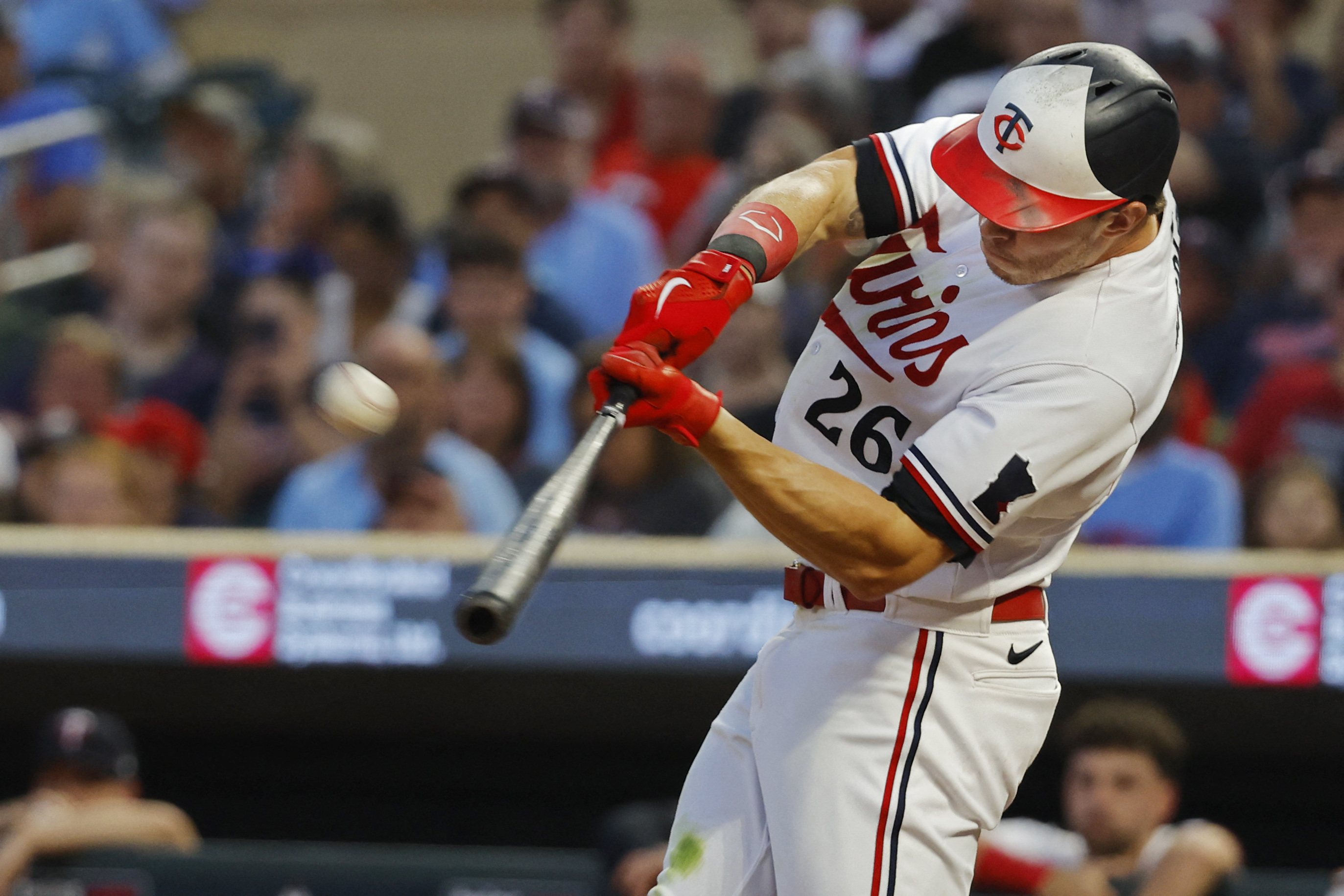 Minneapolis, USA. 05th Aug, 2023. Minnesota Twins catcher Ryan Jeffers (27)  hits a two run home run in the second inning during a MLB regular season  game between the Arizona Diamondbacks and