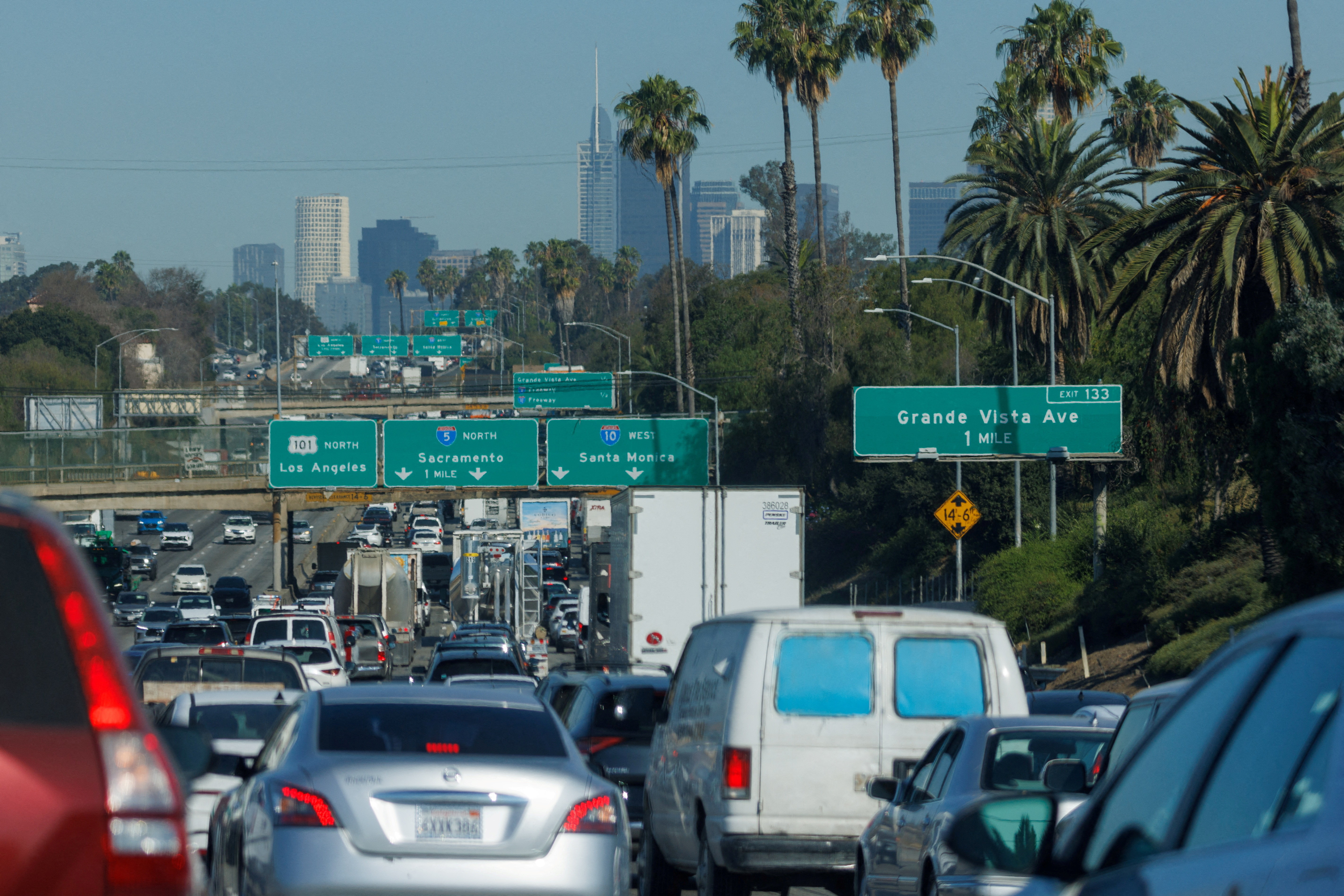 Cars ride in traffic along the I5 freeway is shown in Los Angeles, California