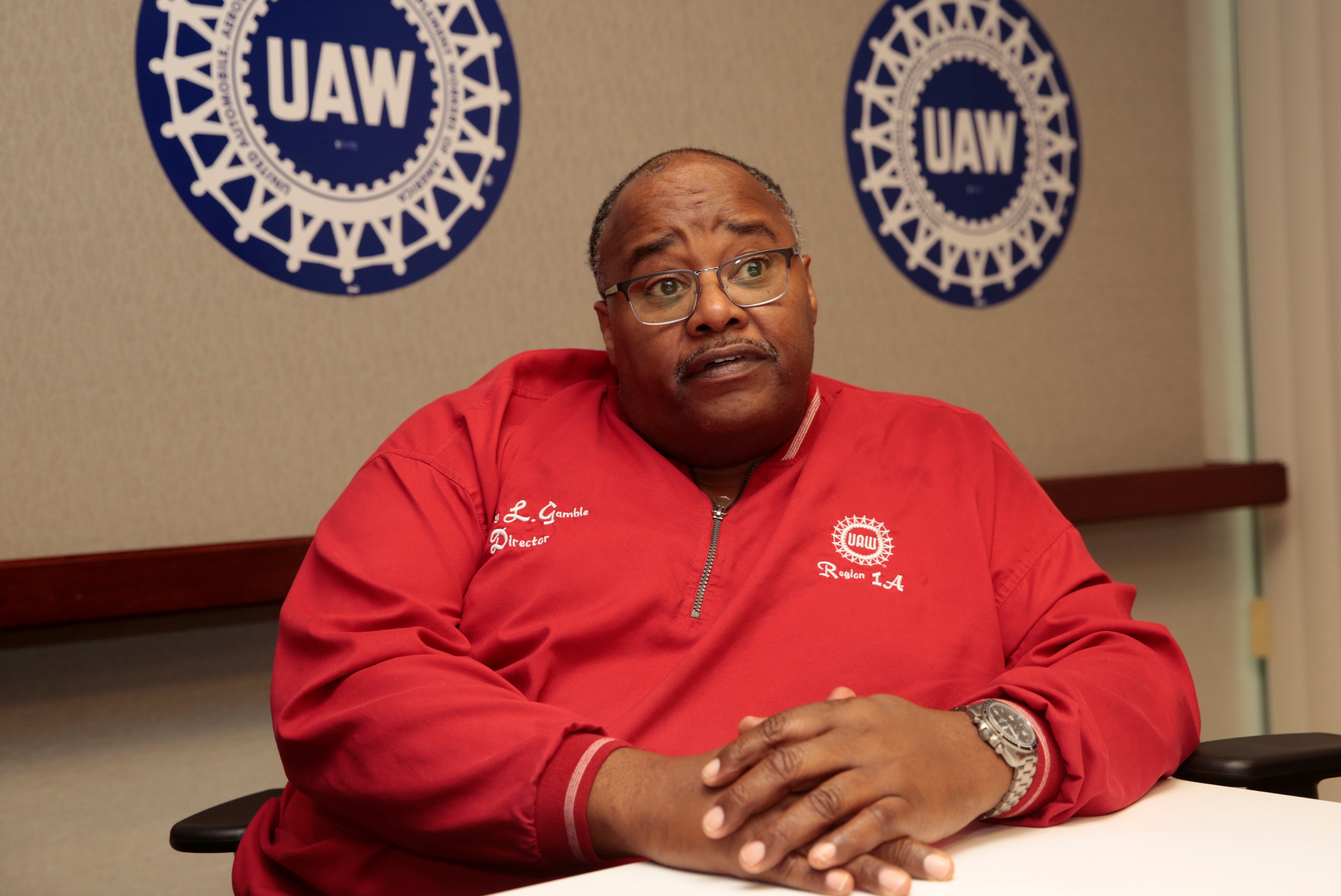 United Auto Workers (UAW) acting president Rory Gamble speaks to Reuters from his office in Southfield, Michigan,
