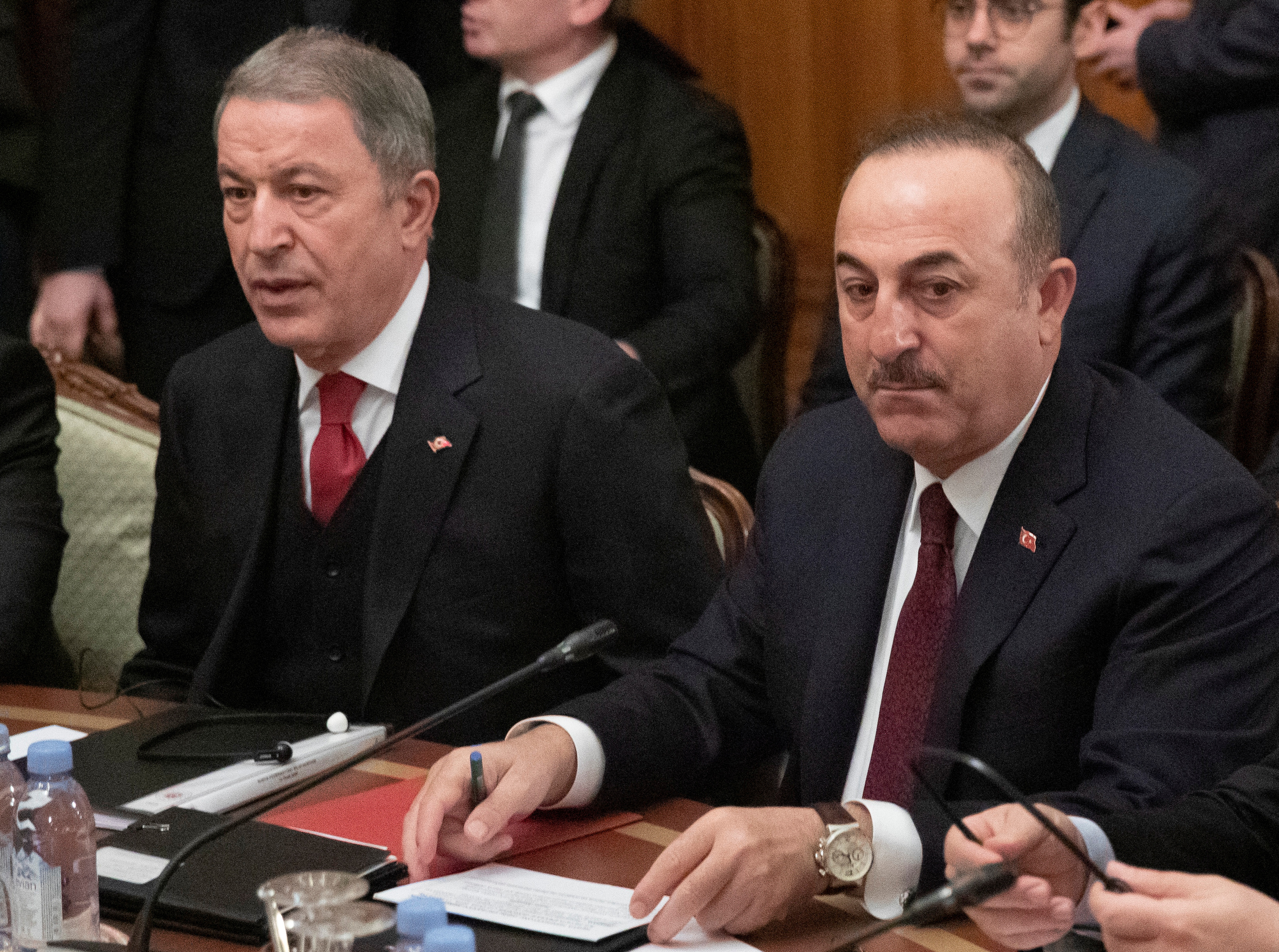Turkish Foreign Minister Mevlut Cavusoglu and Defence Minister Hulusi Akar attend a meeting with Russian Foreign Minister Sergei Lavrov and Defence Minister Sergei Shoigu in Moscow