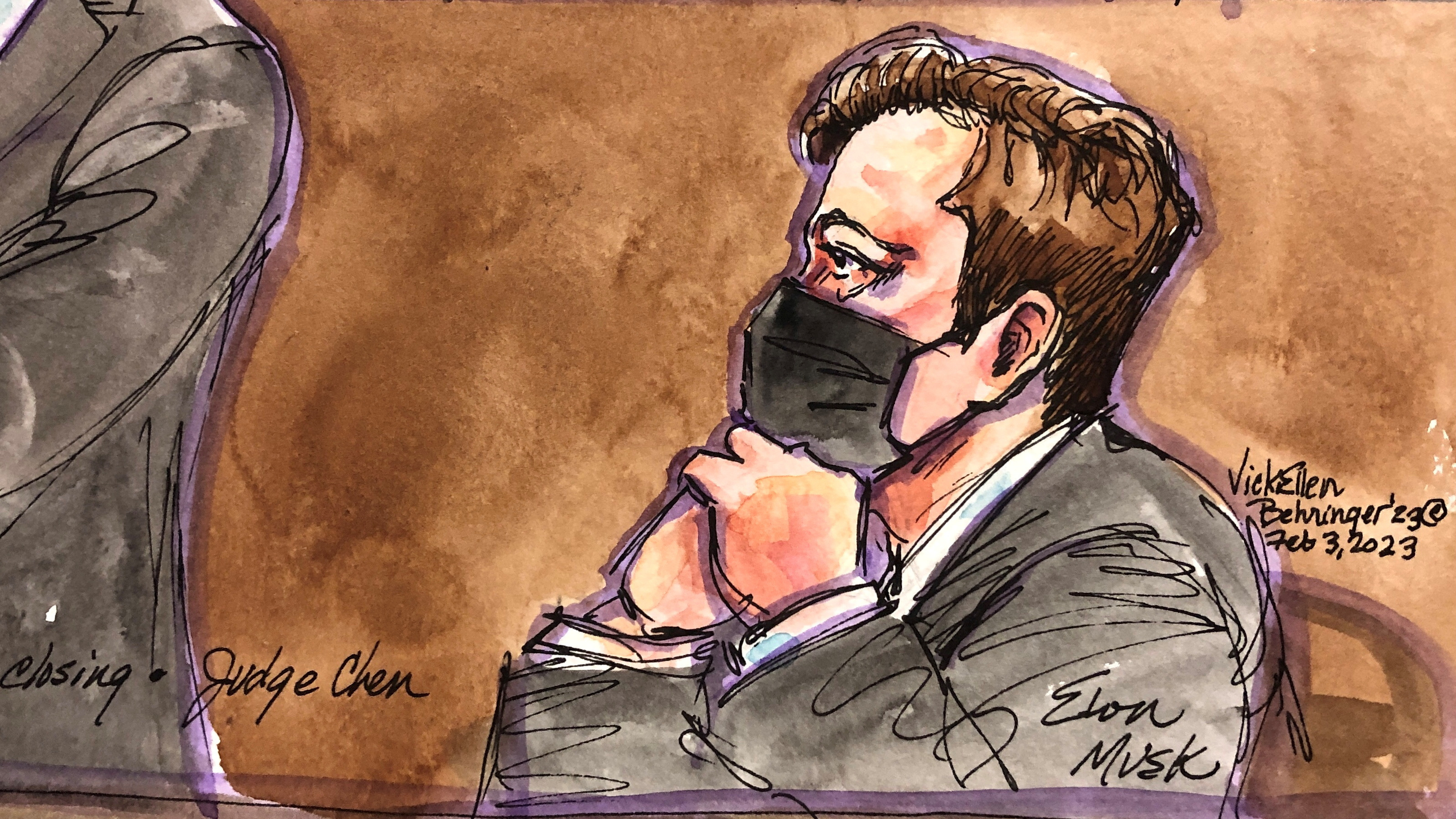 Tesla CEO Elon Musk sits in the courtroom during closing arguments at a securities-fraud trial at federal court in San Francisco