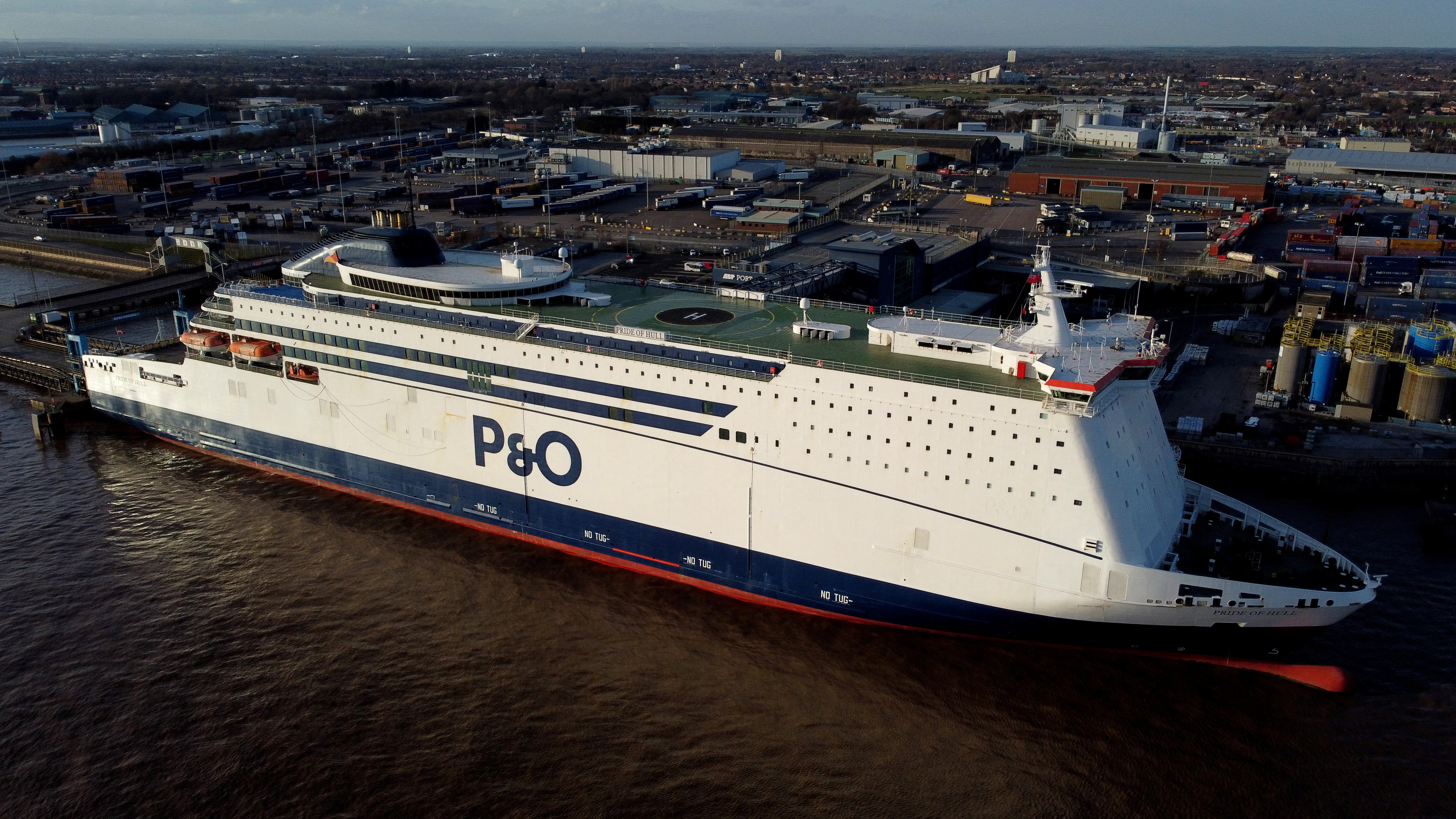 A ferry belonging to P&O is pictured berthed at the company's terminal in Hull