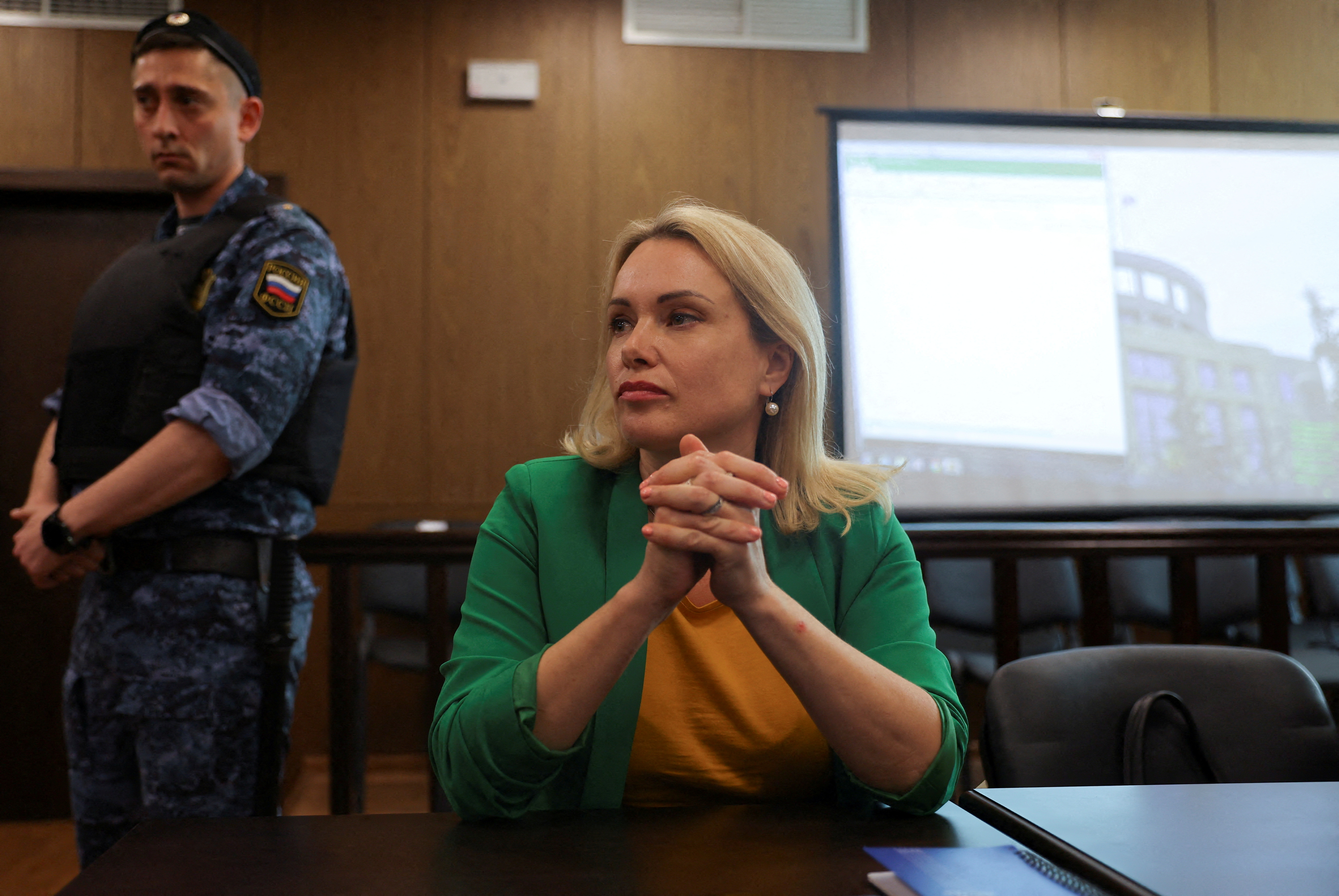 Former Russian state TV employee Marina Ovsyannikova attends a court hearing in Moscow