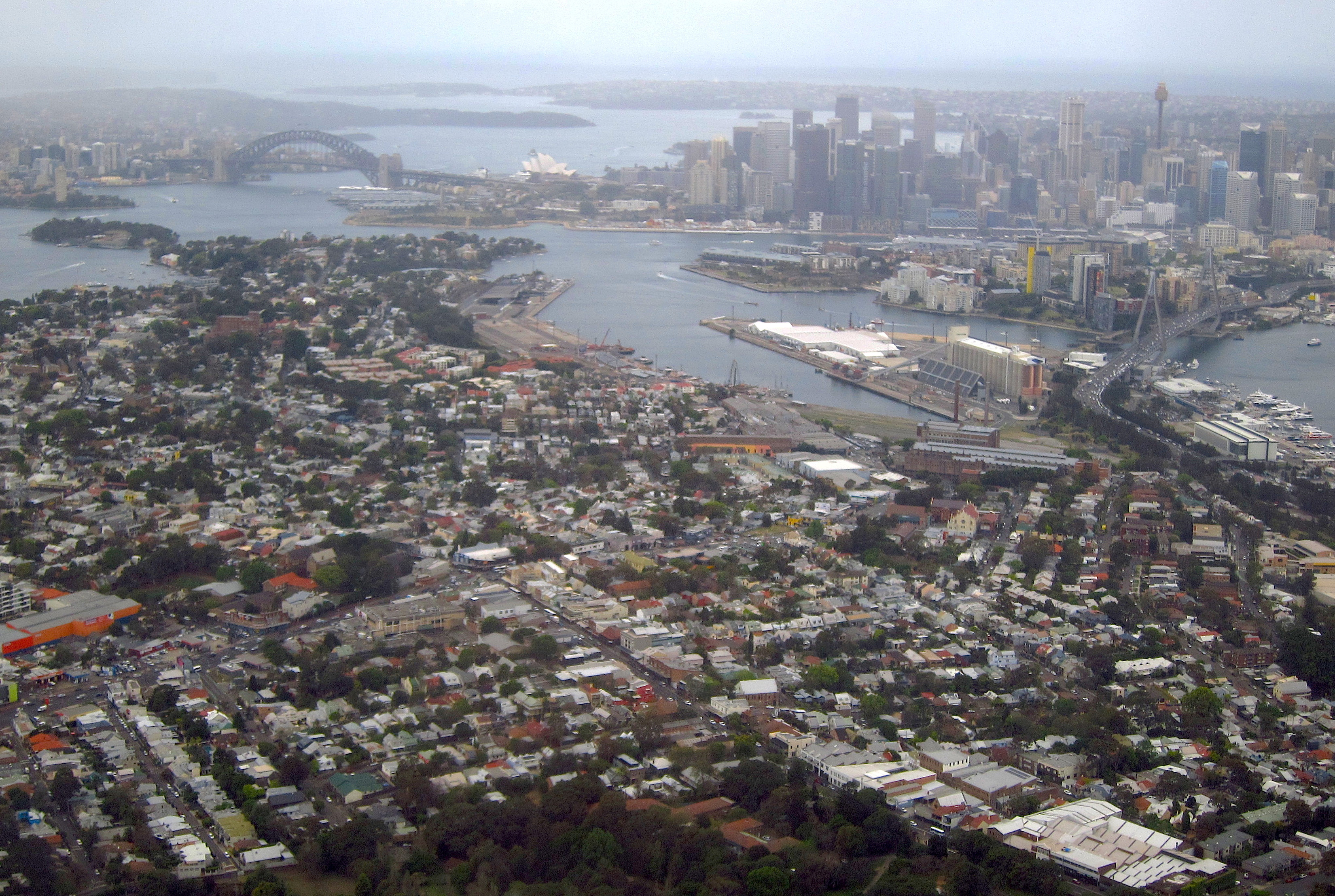 The Sydney Harbour Bridge and Central Business District (CBD) can be behind properties in the Sydney suburb of Rozelle, Australia
