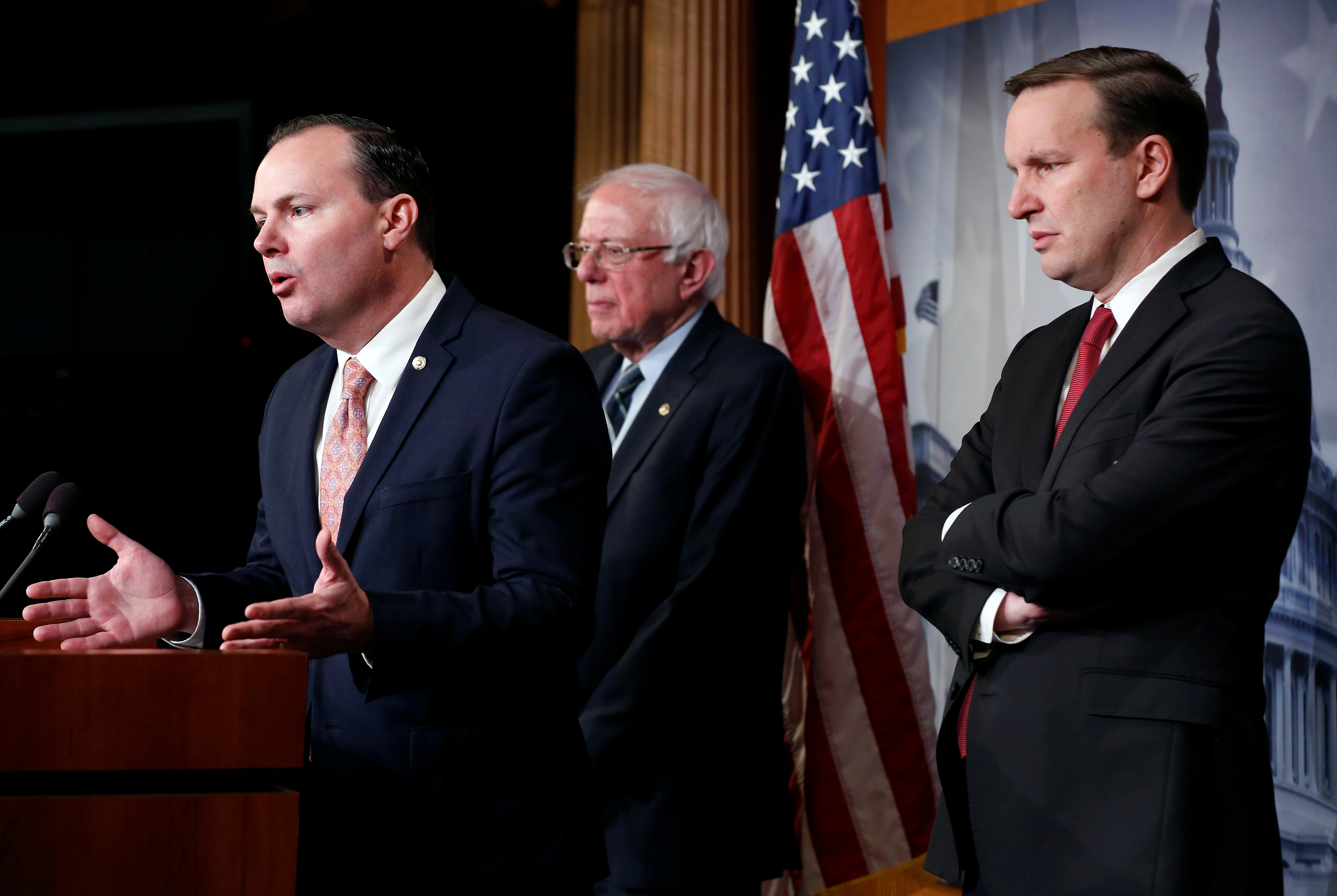 Senators Mike Lee (R-UT), Bernie Sanders (I-VT) and Chris Murphy (D-CT) speak after the senate voted on a resolution ending U.S. military support for the war in Yemen on Capitol Hill in Washington