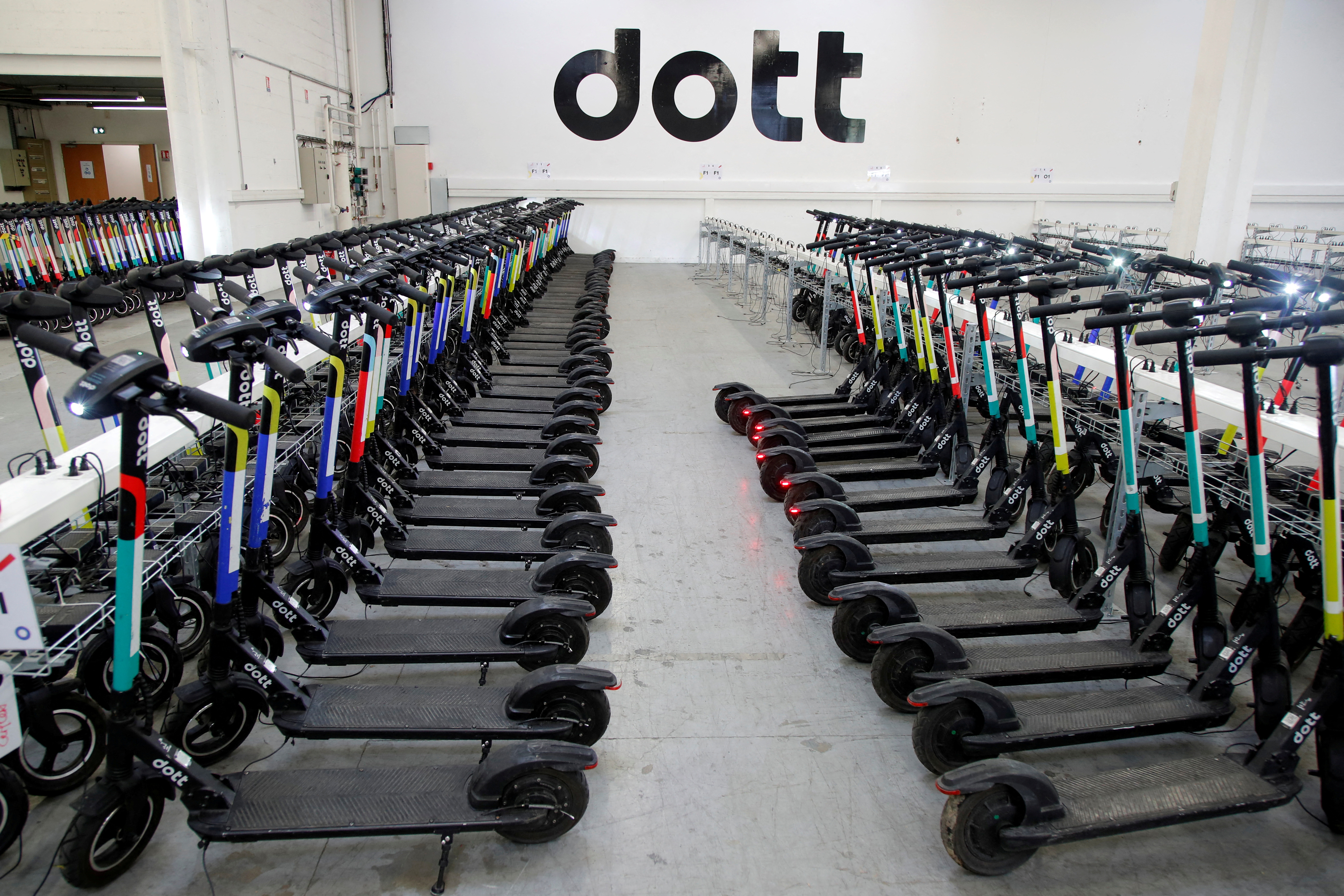 Electric scooters of Dott sharing service are seen at the company's headquarters in Wissous, near Paris