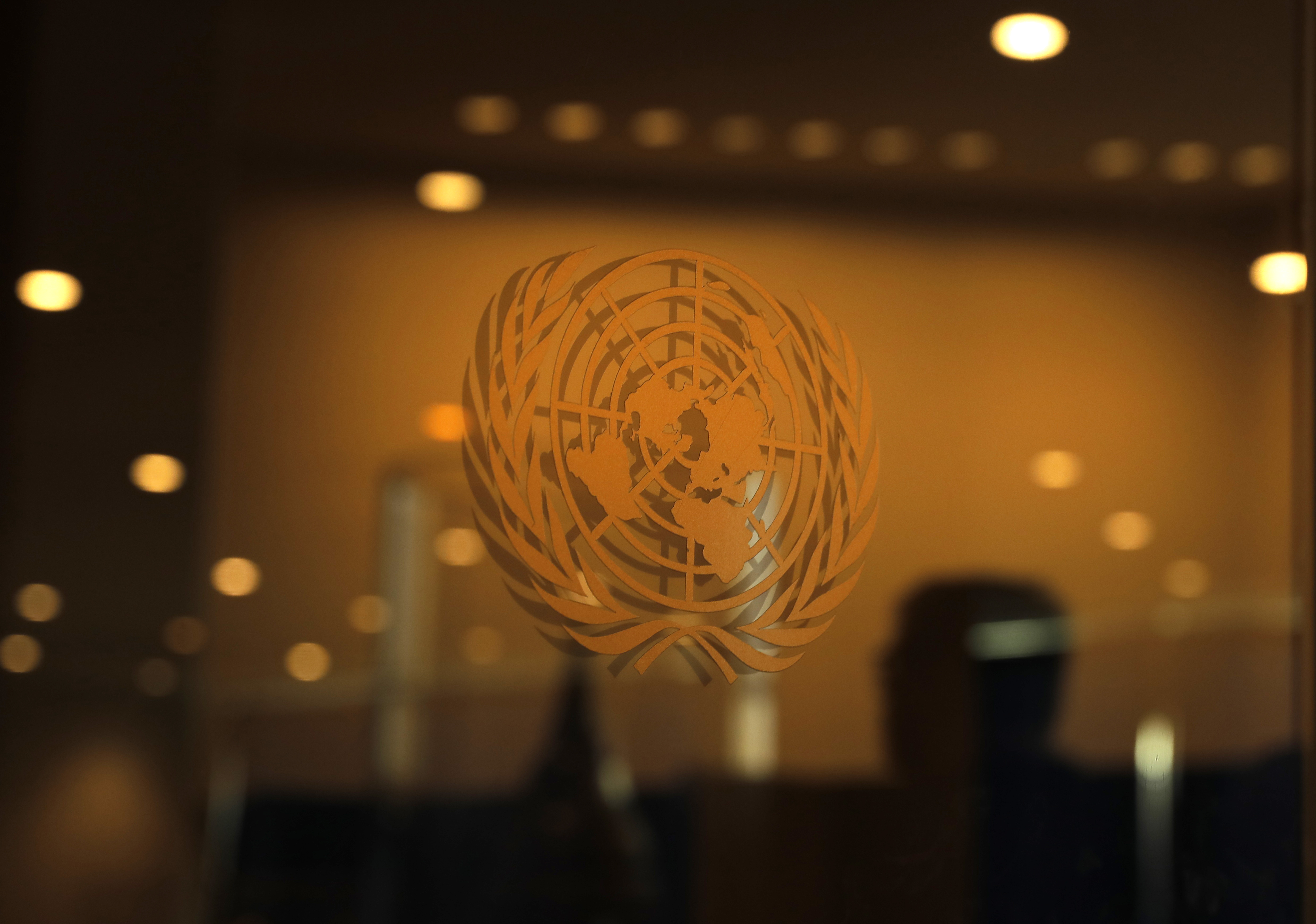 The United Nations logo is seen during the 2019 United Nations Climate Action Summit at U.N. headquarters in New York City, New York, U.S.