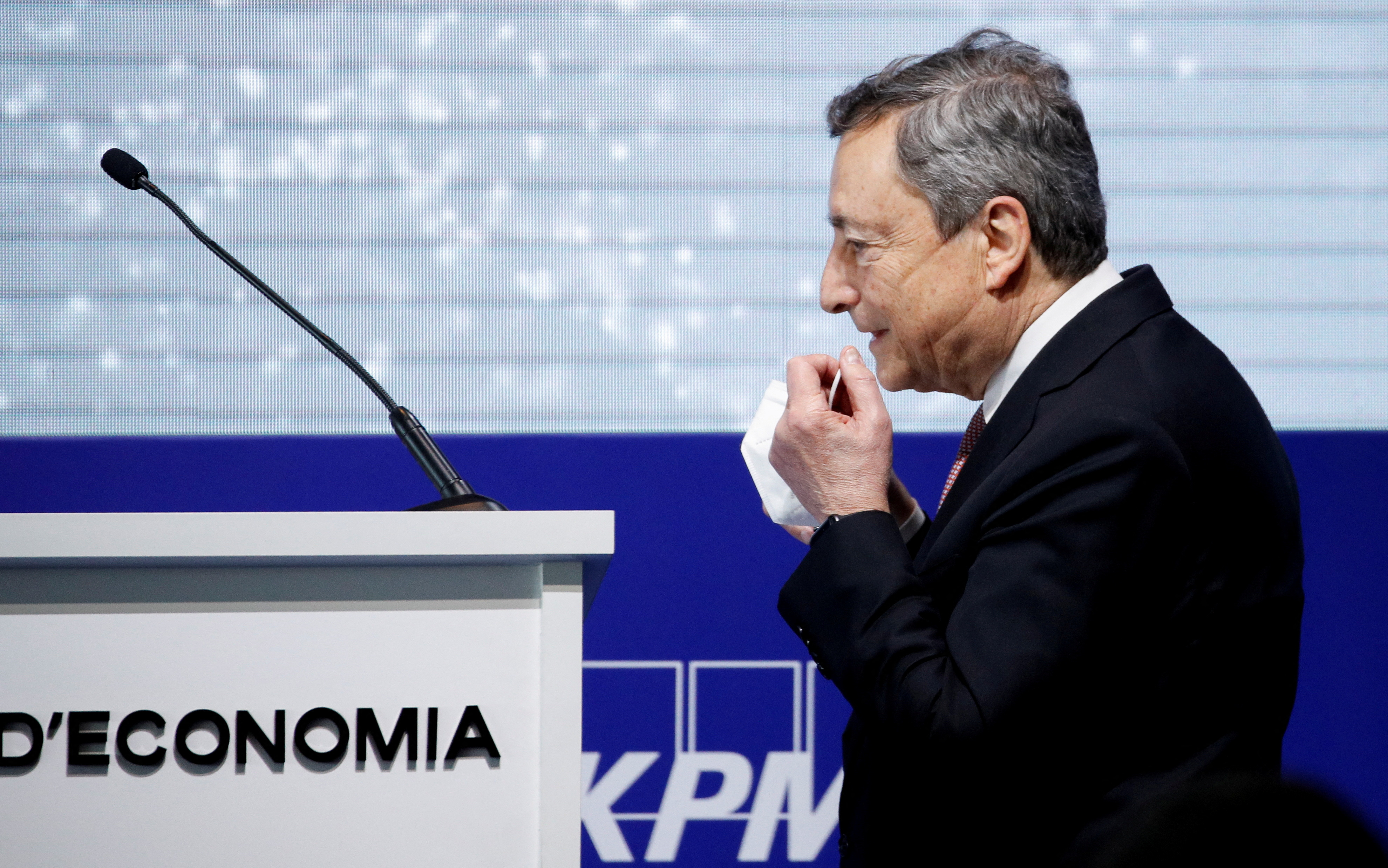 Italian Prime Minister Mario Draghi at an economic conference in Barcelona, Spain
