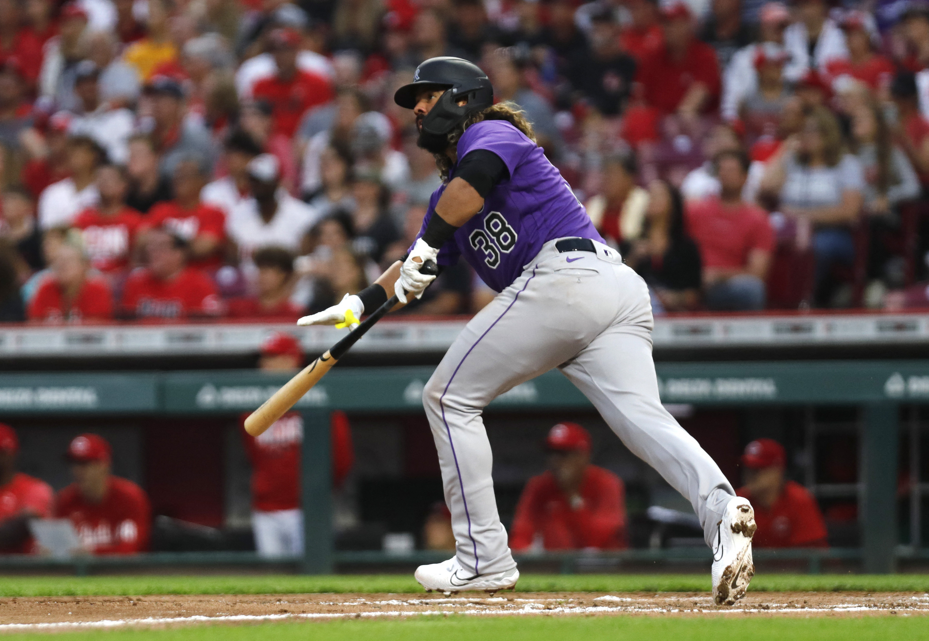 Colorado Rockies designated hitter, Jorge Alfaro (38) prepares for