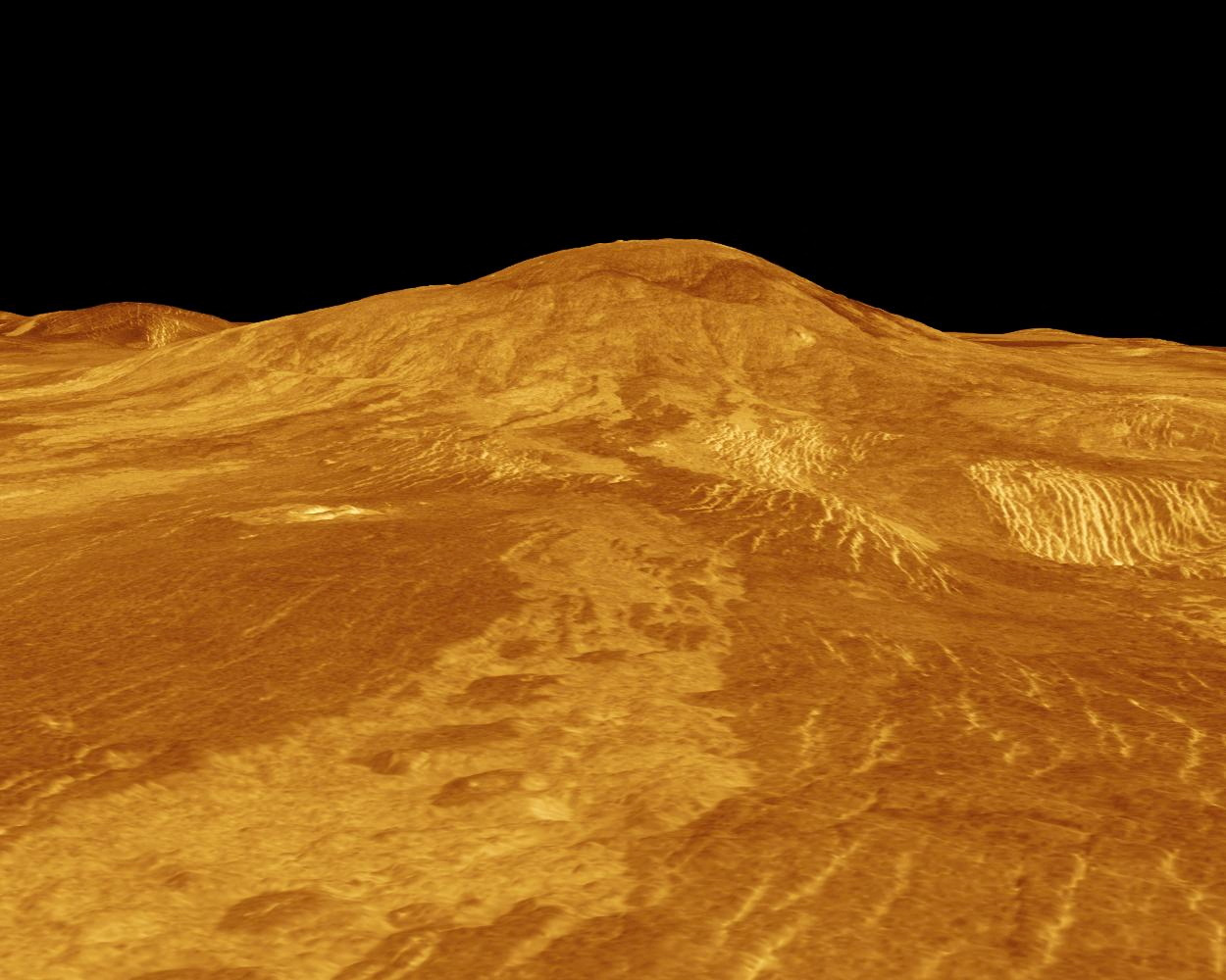 A computer-generated 3D model of Venus' surface shows the volcano Sif Mons