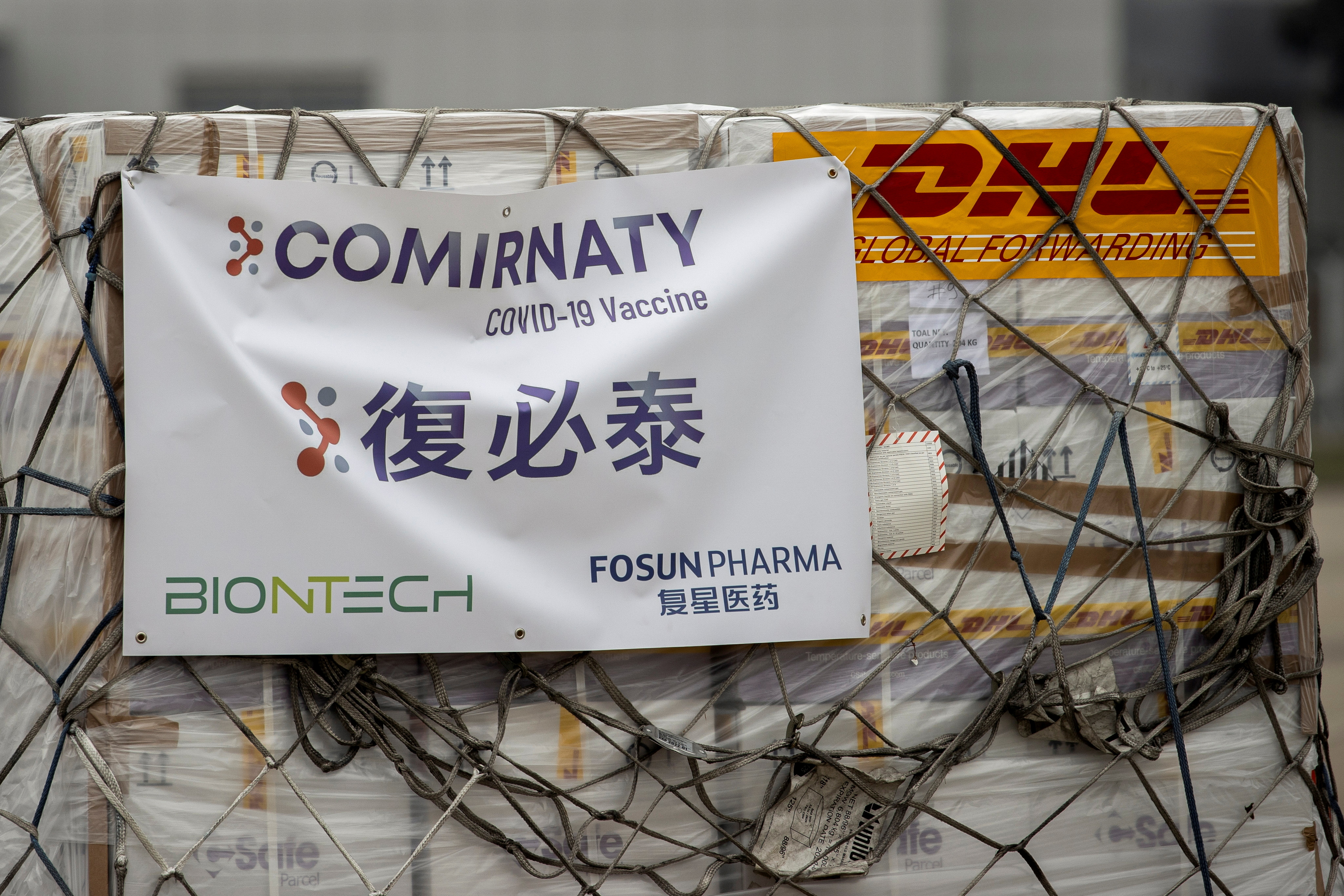 Fosun-BioNTech COVID-19 vaccines arrive at Hong Kong airport