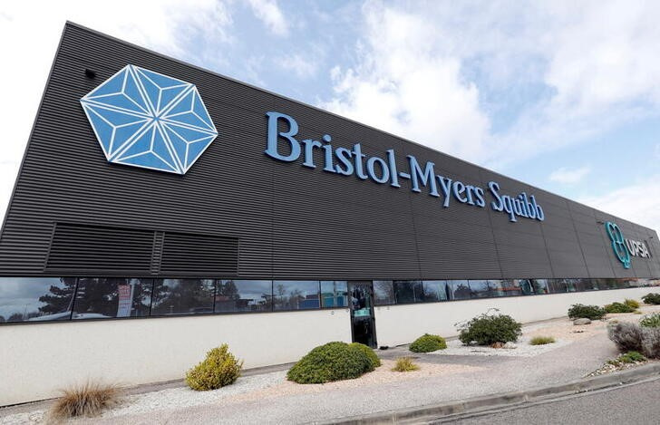 Logo of global biopharmaceutical company Bristol-Myers Squibb is pictured at the headquarters in Le Passage