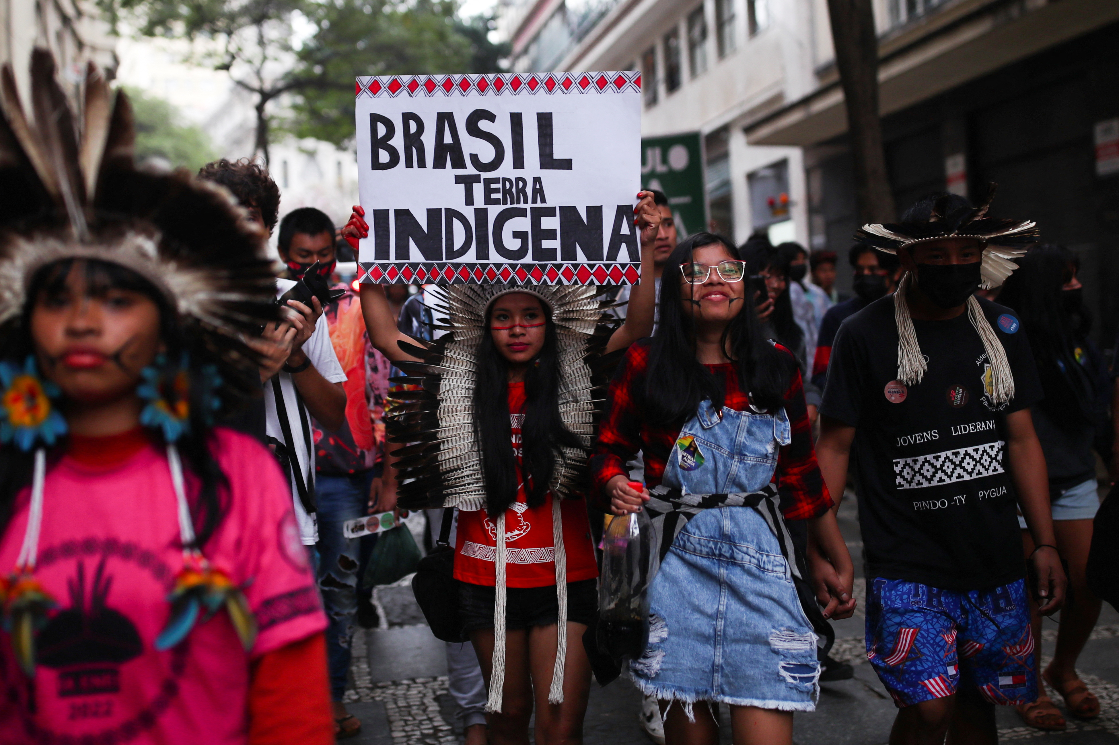 Indigenous people protest during the International Indigenous People Day, in Sao Paulo