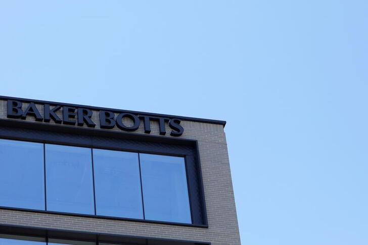 Signage is seen outside of the law firm Baker Botts at their legal offices in Washington, D.C.