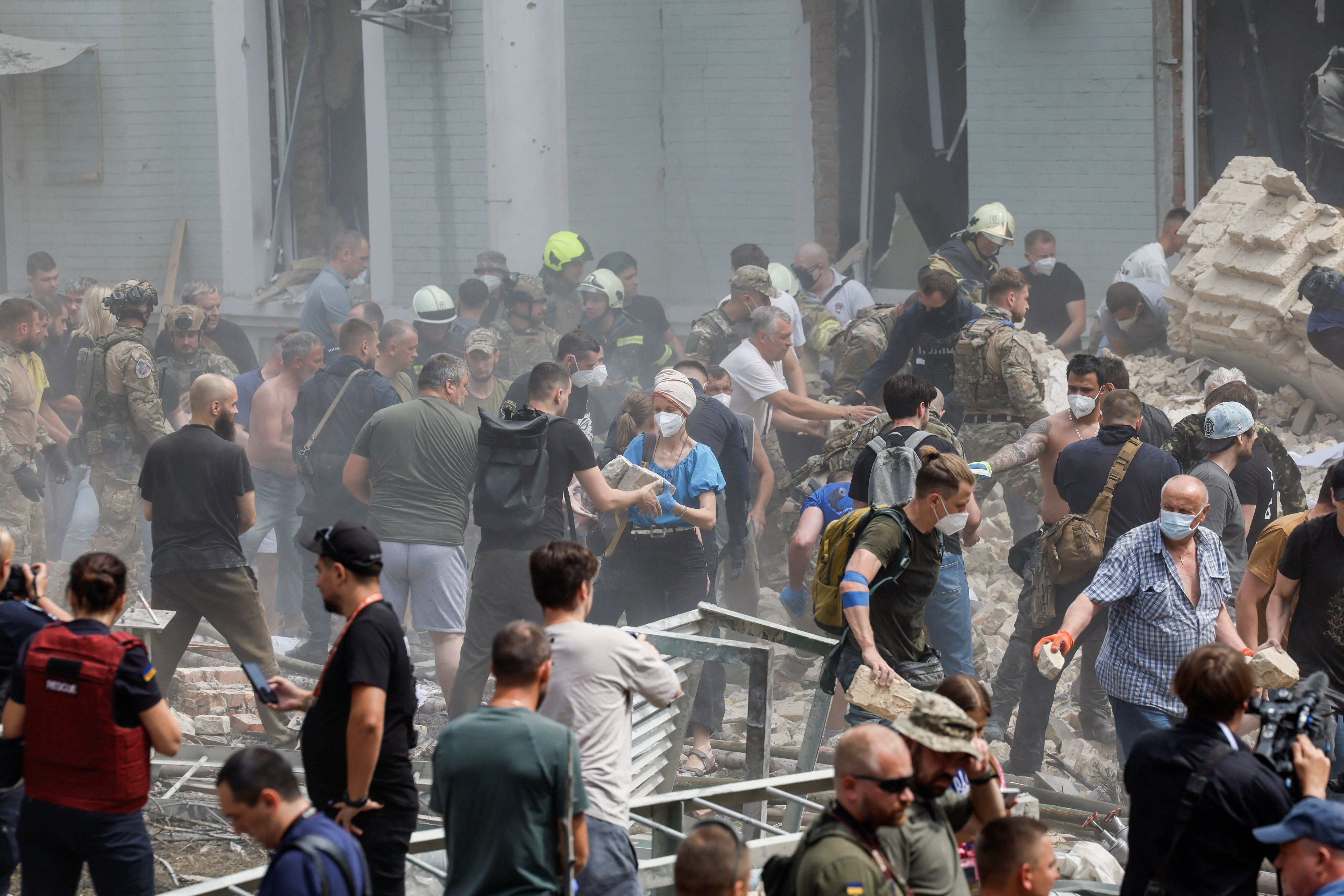 Rescuers work at Ohmatdyt Children's Hospital that was damaged during a Russian missile strikes, in Kyiv