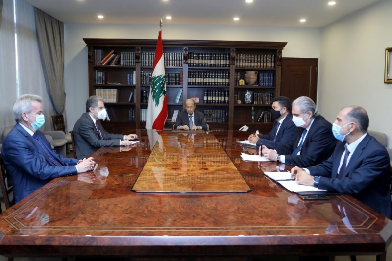 Lebanon's President Michel Aoun heads a meeting at the presidential palace in Baabda