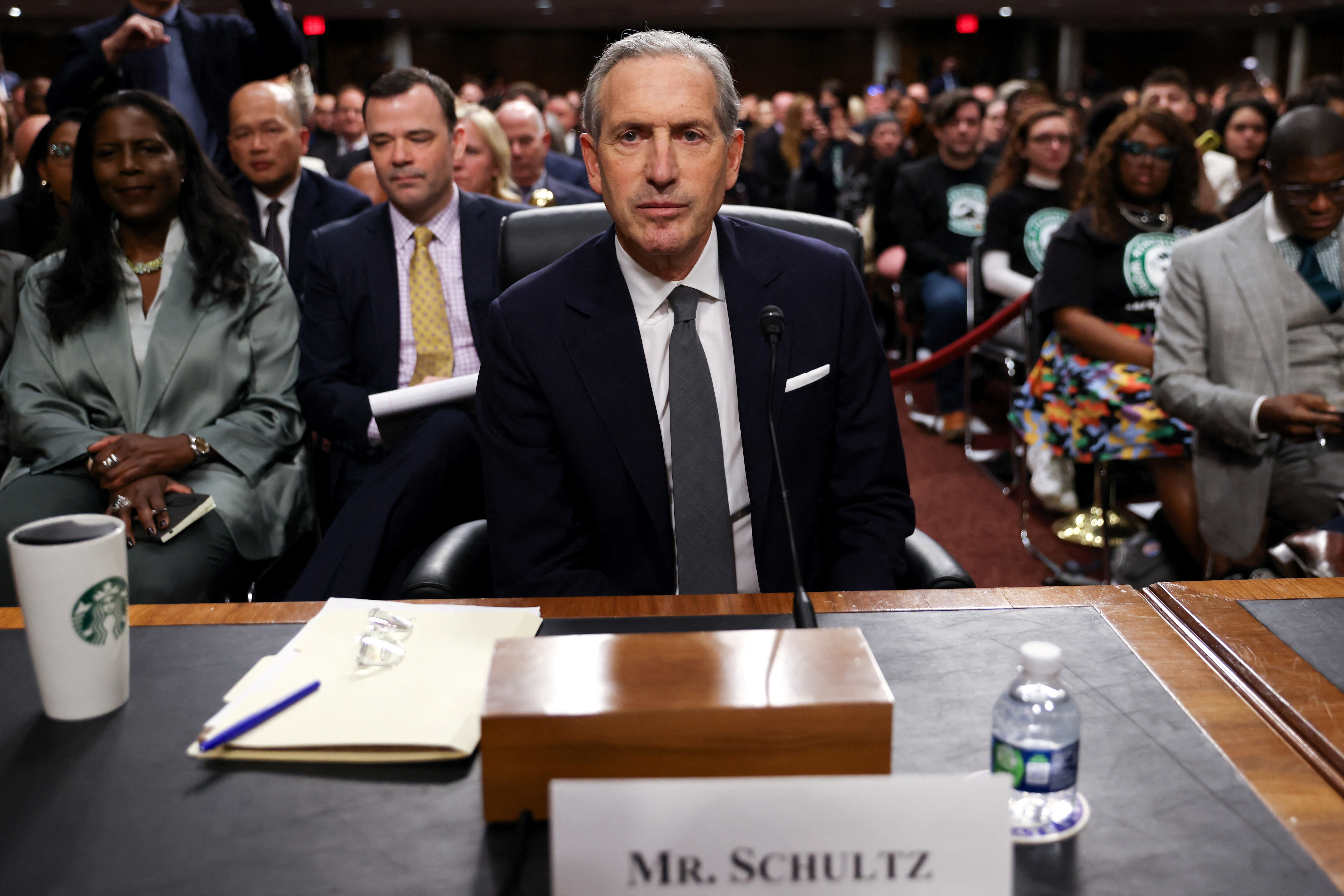 Former Starbucks CEO Howard Schultz testifies about the company's compliance with labor law on Capitol Hill in Washington