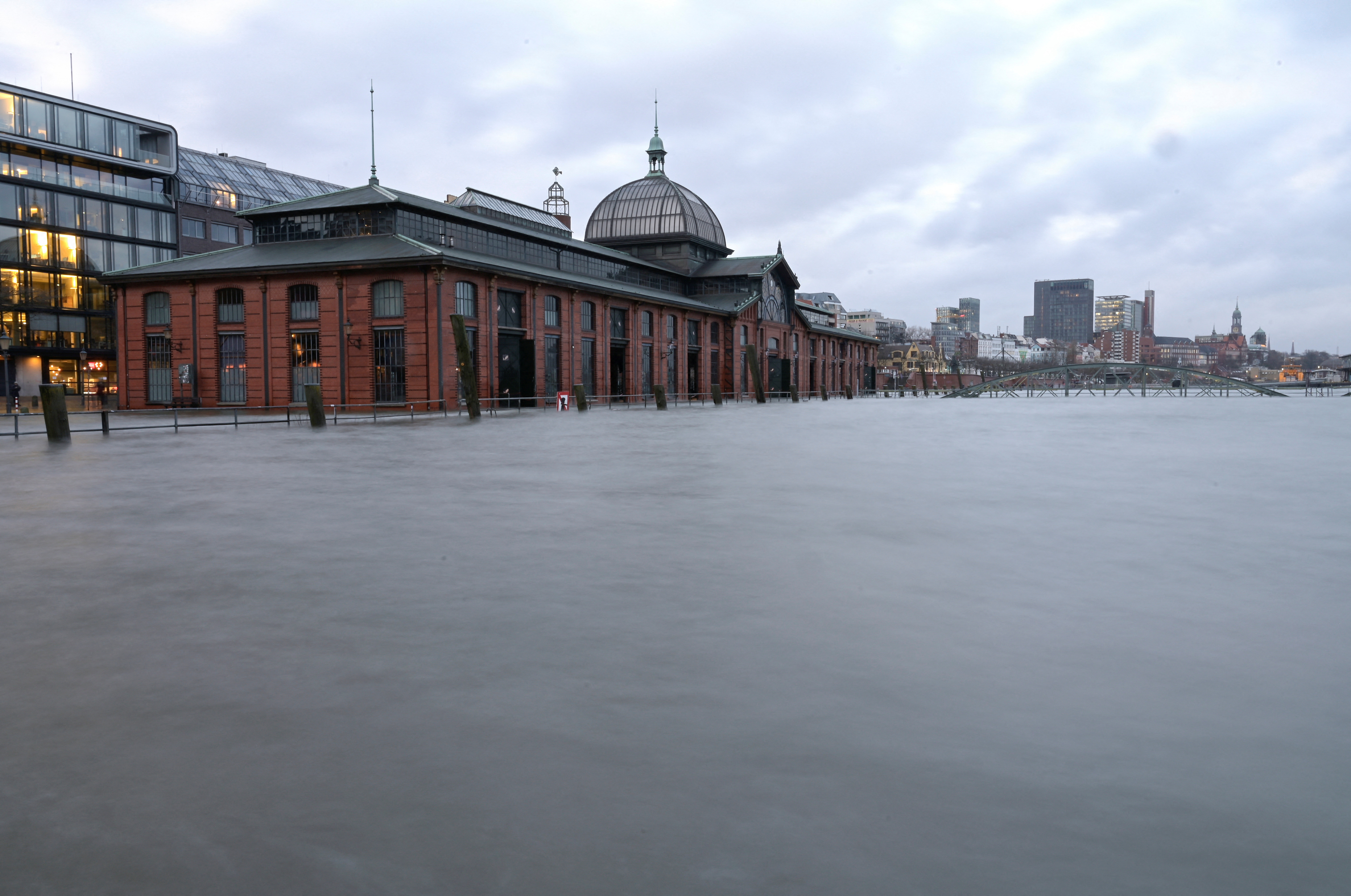 Famous landmark Fish Market is flooded, in Hamburg