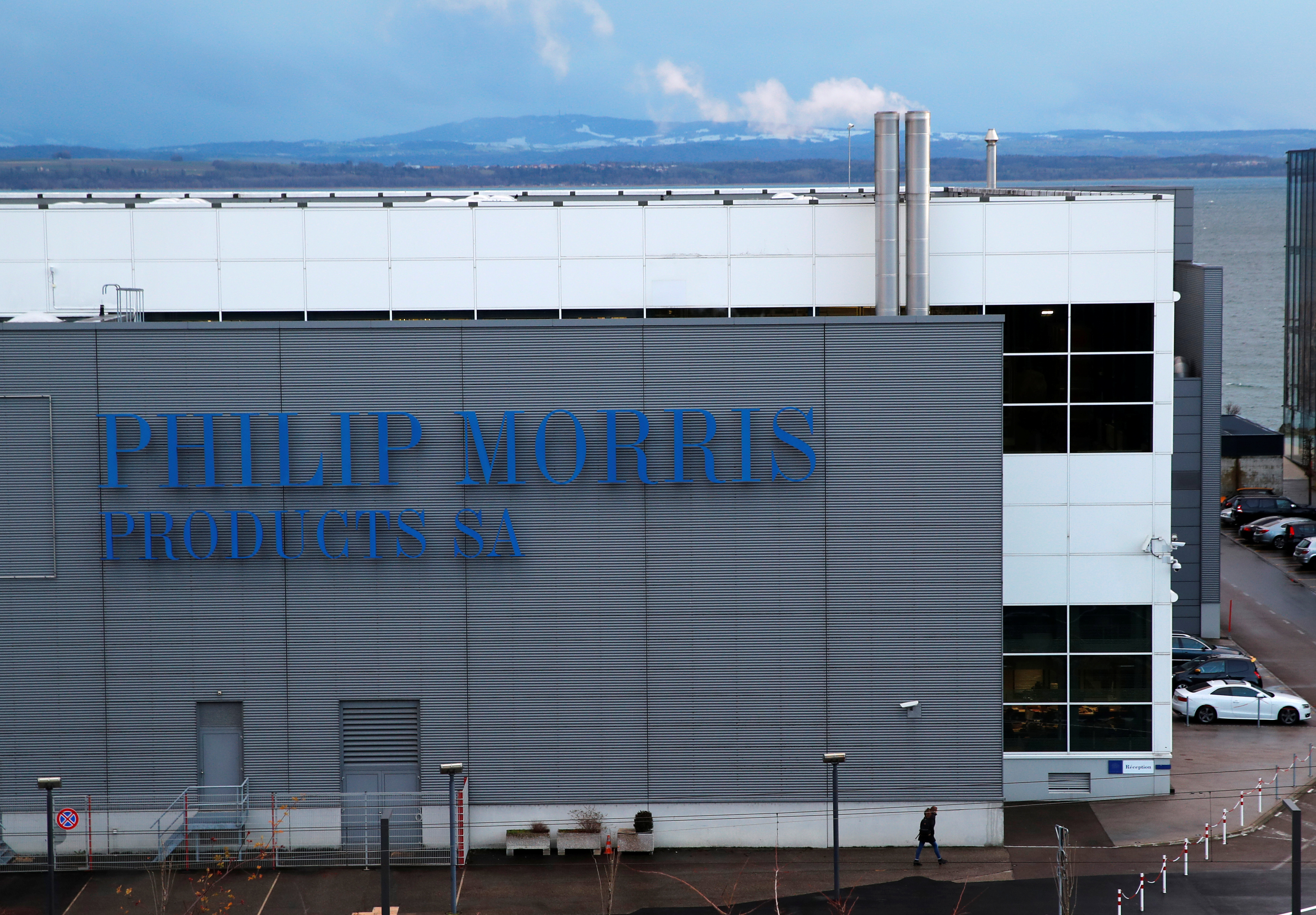 A Philip Morris logo is pictured on a factory in Serrieres