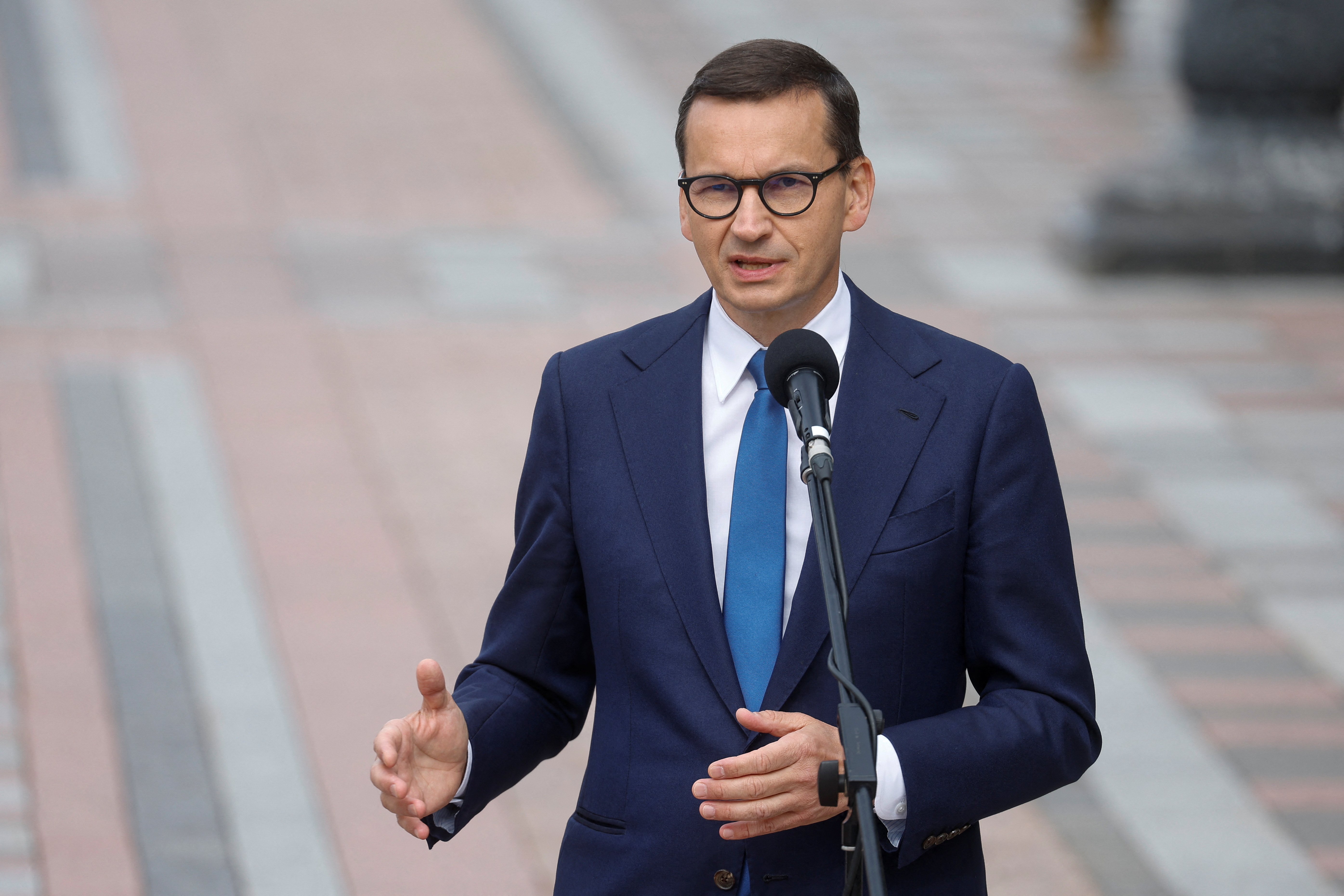 Polish Prime Minister Morawiecki speaks during a joint news briefing with Ukraine's President Zelenskiy and Latvian President Levits in Kyiv