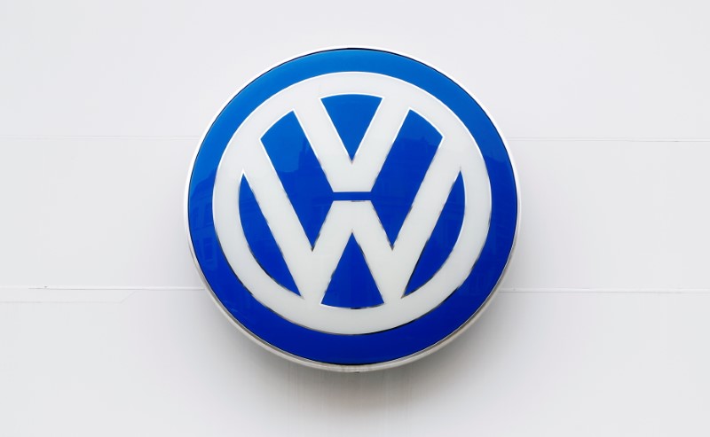 The logo of German carmaker Volkswagen is seen on the wall of a showroom of a Volkswagen car dealer in Brussels