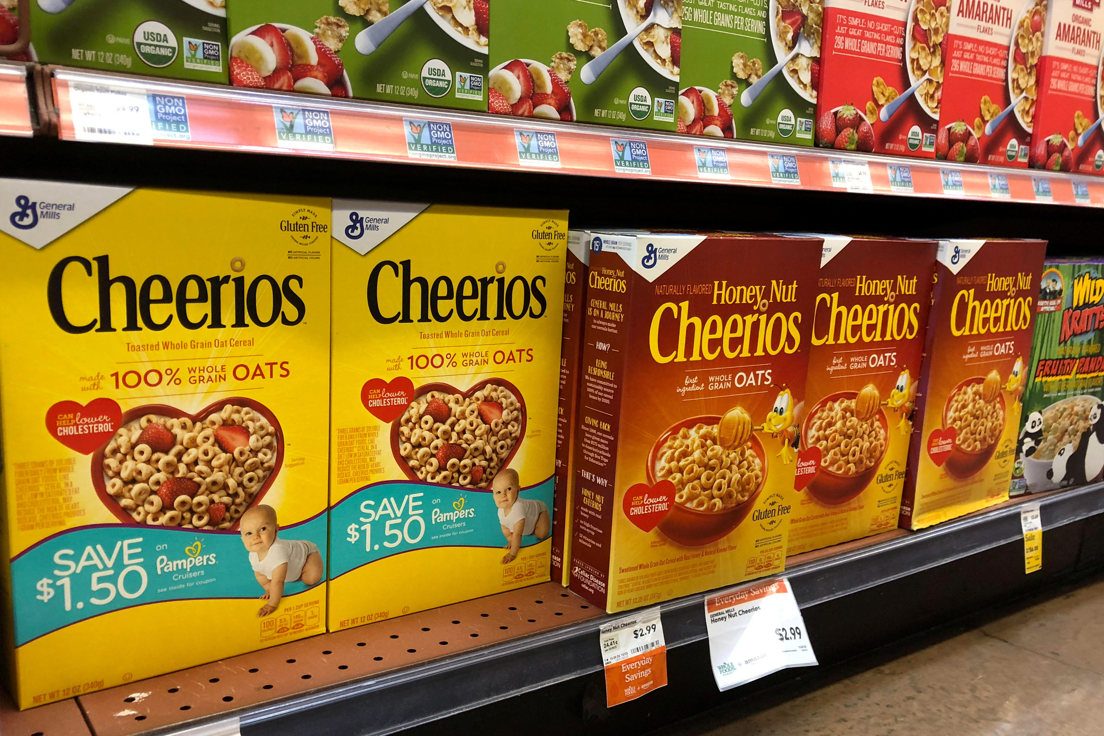 General Mills Inc's Cheerios and Honey Nut Cheerios are displayed on the shelf of a Whole Foods Market store in Venice