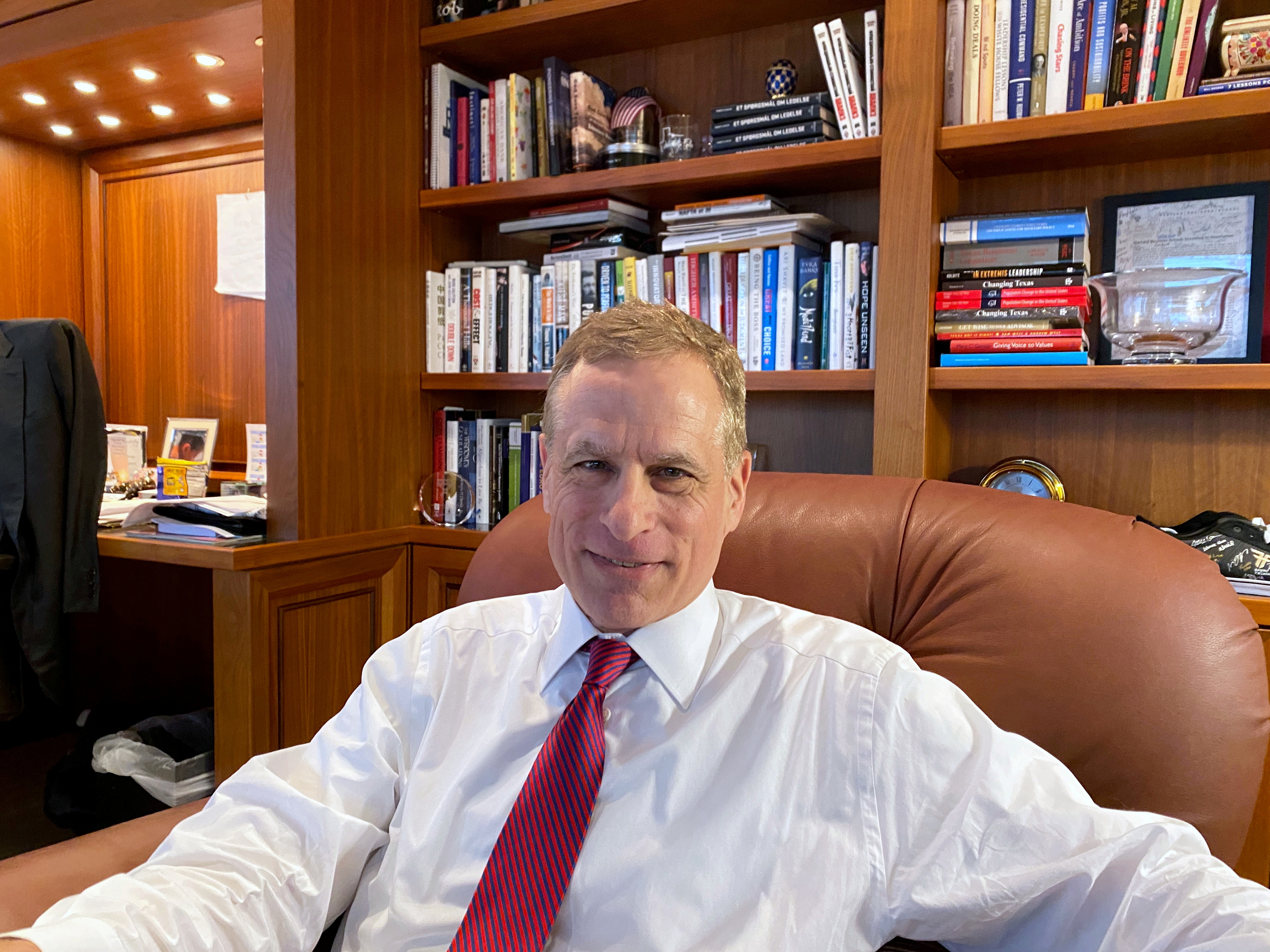 Dallas Federal Reserve Bank President Robert Kaplan speaks during an interview in his office at the bank's headquarters in Dallas