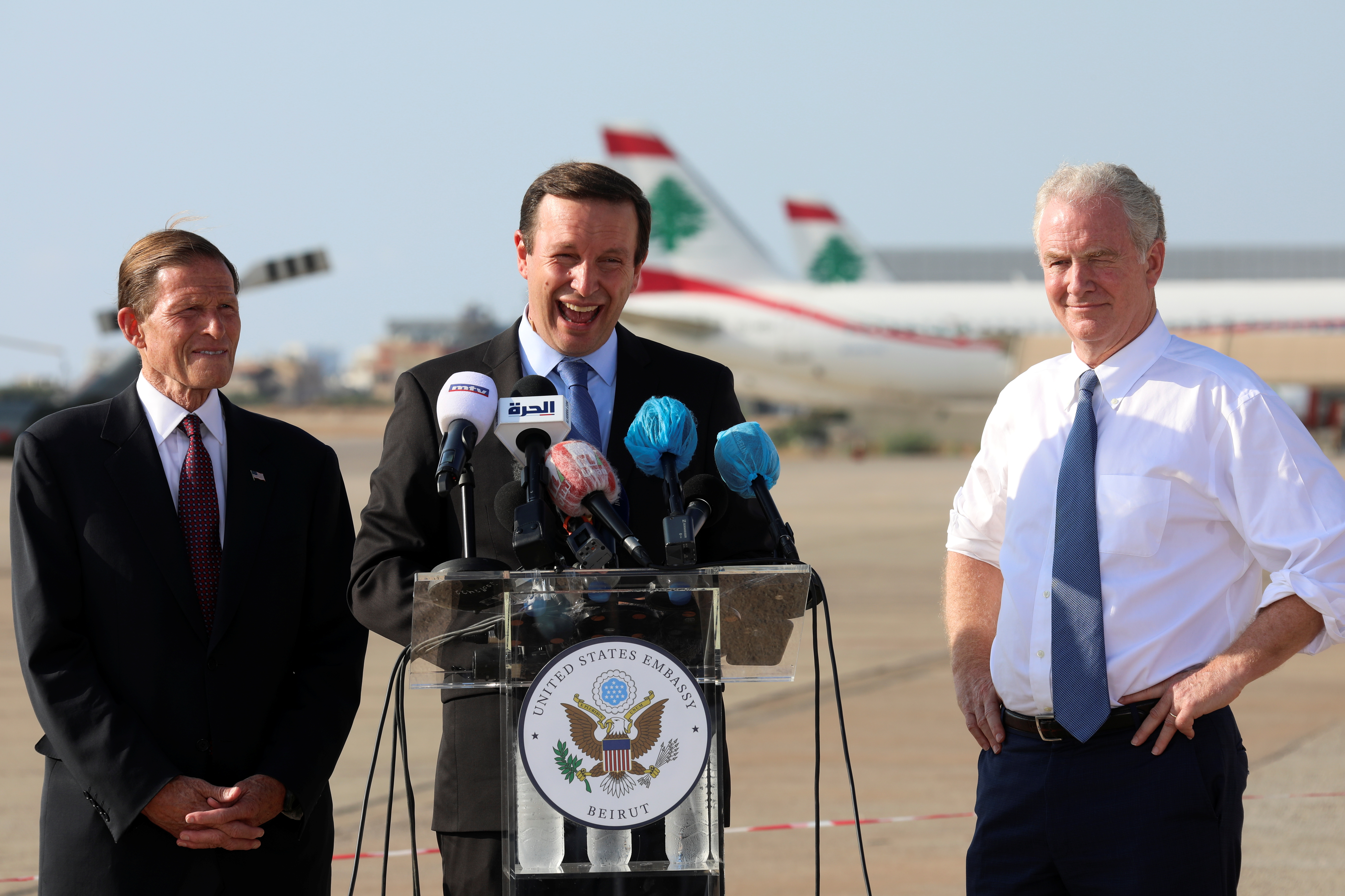 U.S. Senator Christopher S. Murphy attends a news conference at Beirut International Airport in Beirut