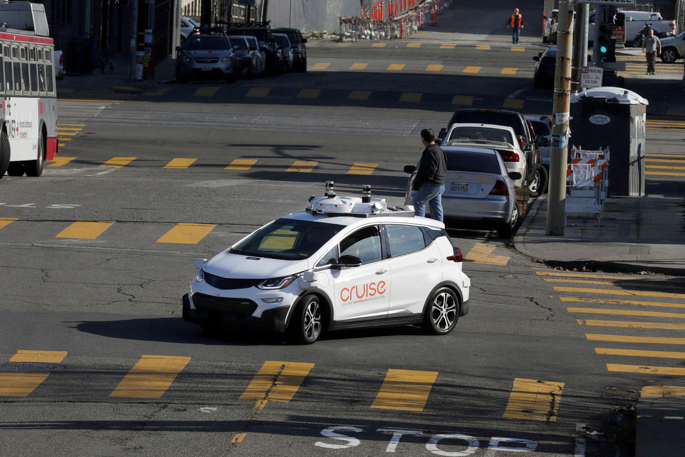 A self-driving GM Bolt EV is seen during a media event where Cruise, GM's autonomous car unit, showed off its self-driving cars in San Francisco