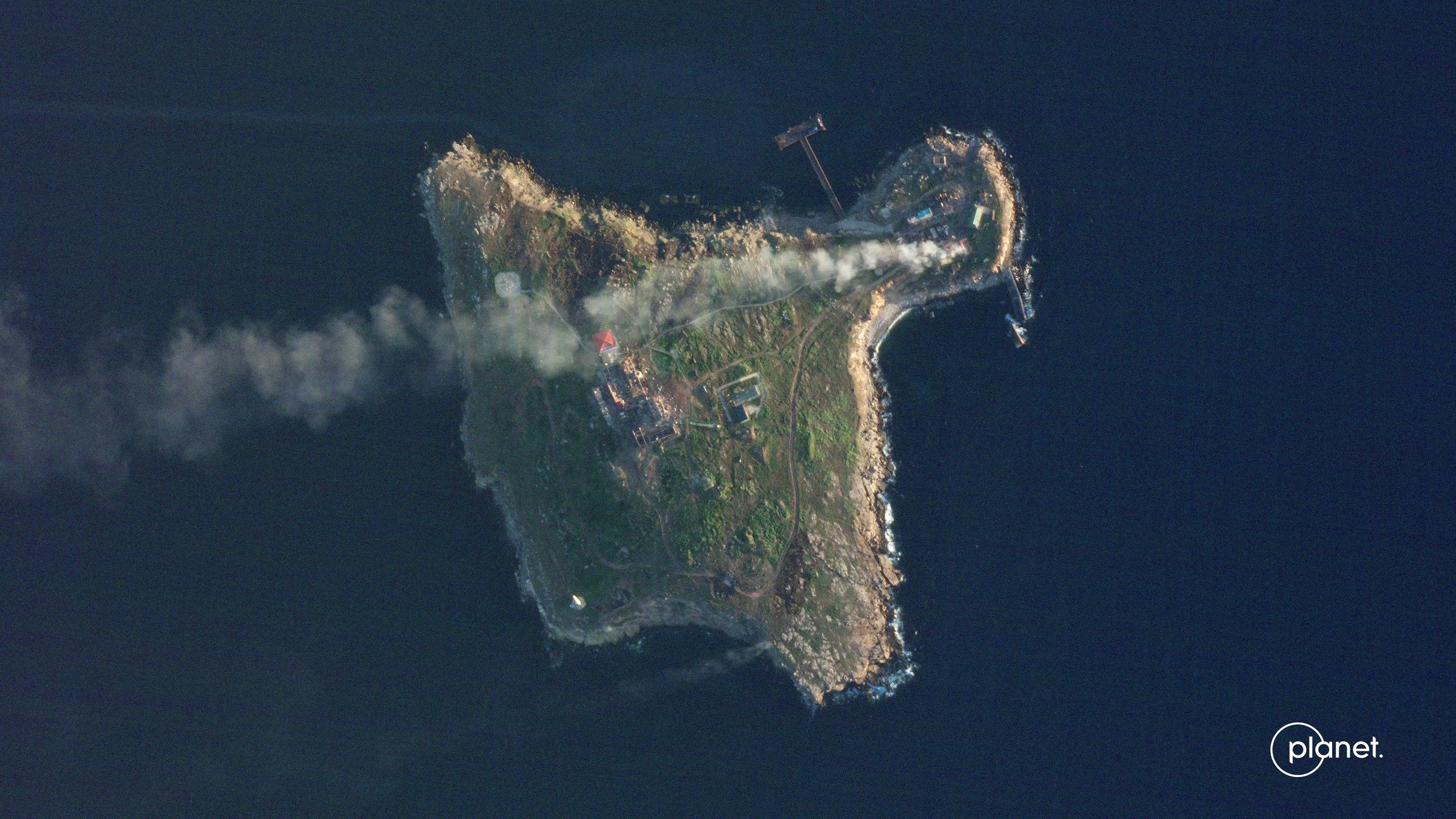 Smoke rises over Snake Island