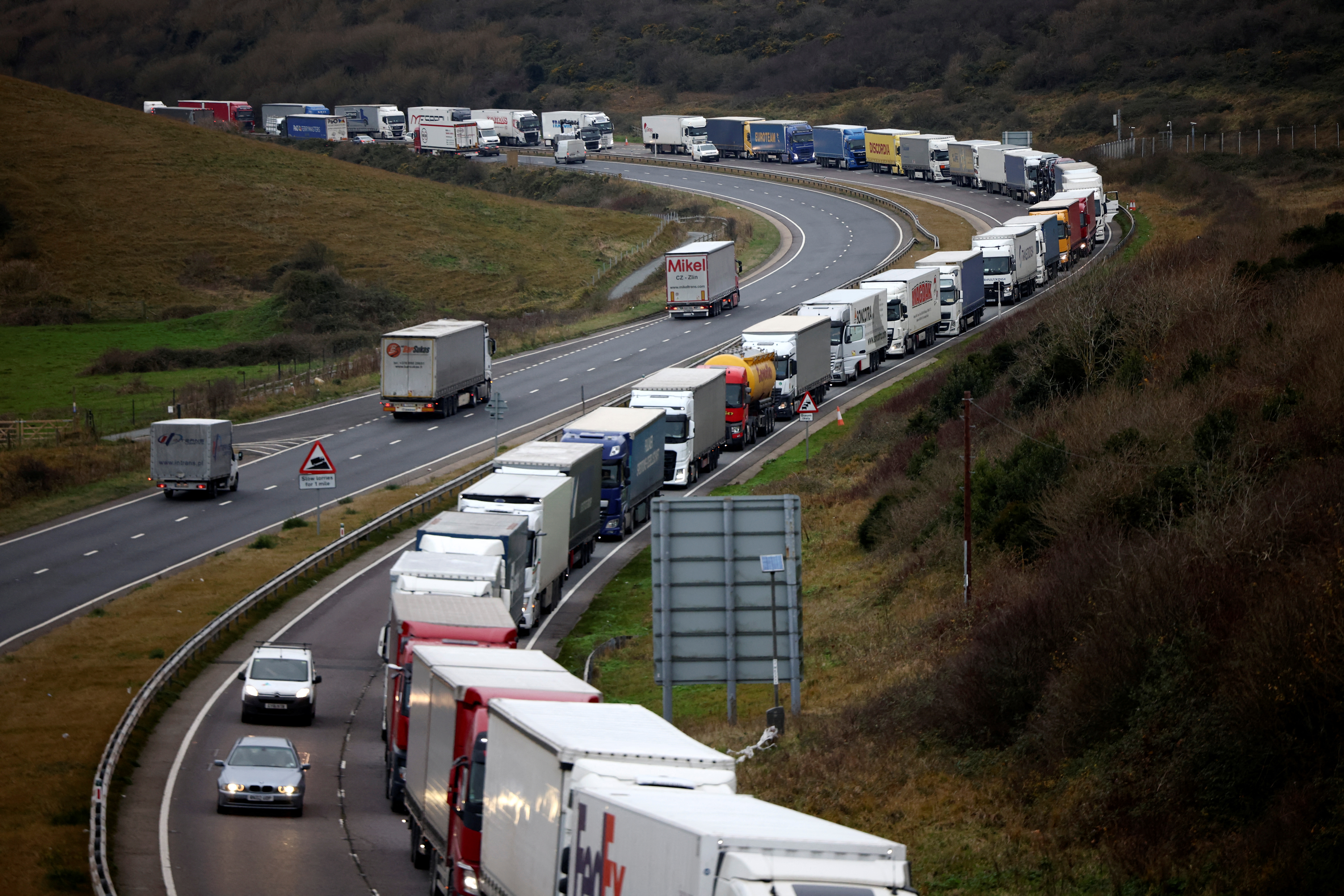 Freight lorries are seen queuing on A20 road in Dover