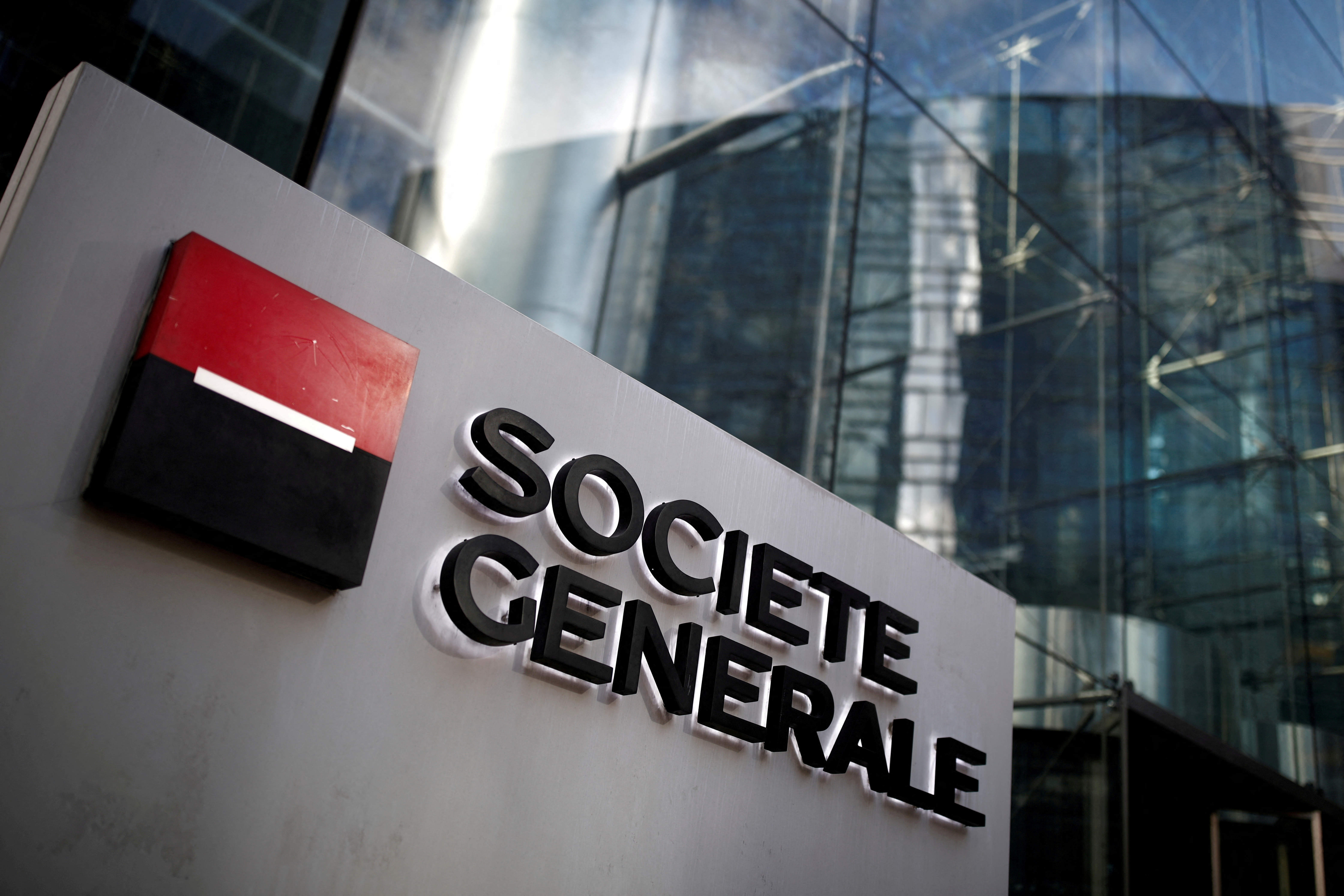 The logo of Societe Generale is seen on the headquarters at the financial and business district of La Defense near Paris