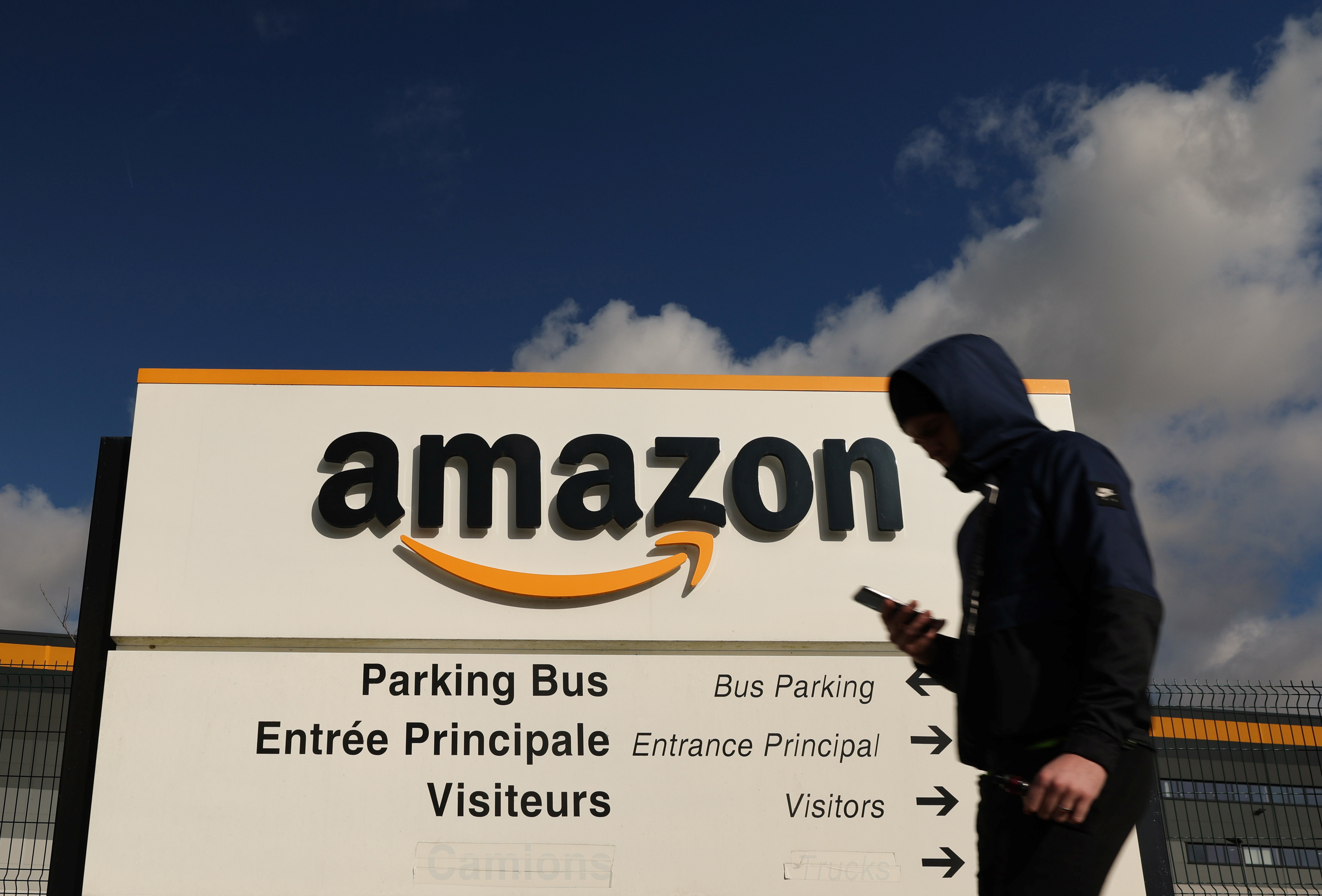 Amazon logo is seen at the company's logistics centre in Boves
