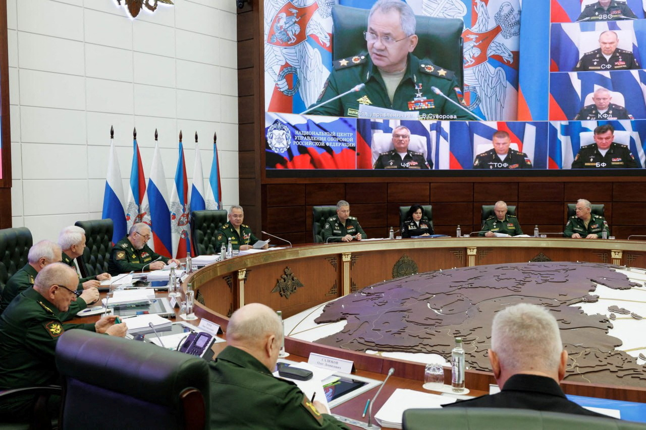 Russian Defence Minister Sergei Shoigu chairs a meeting with the leadership of the Armed Forces in Moscow