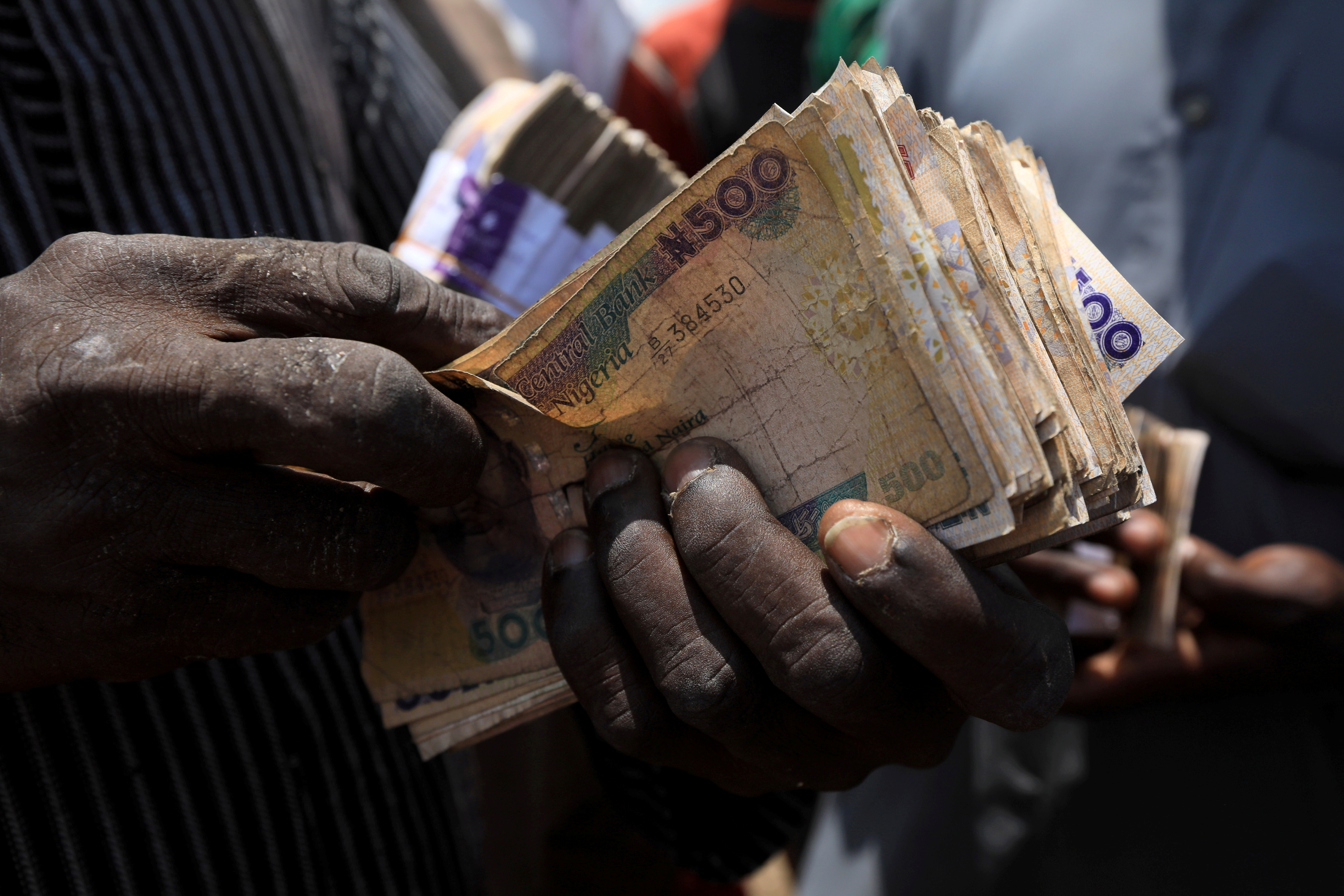 Man carries Nigerian naira banknotes at a livestock market in Abuja