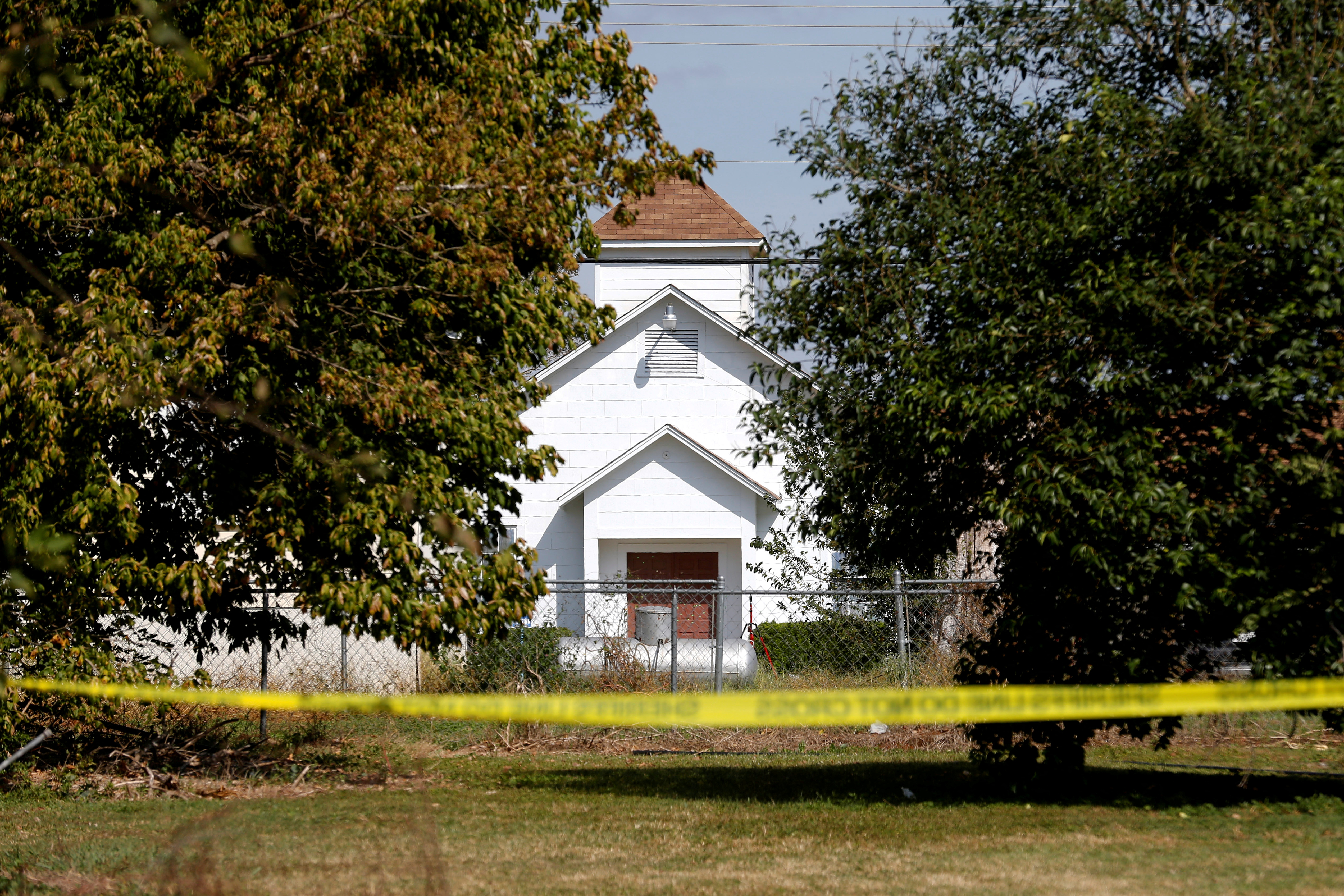 The entrance to the First Baptist Church of Sutherland Springs, the site of the shooting, is seen in Sutherland Springs